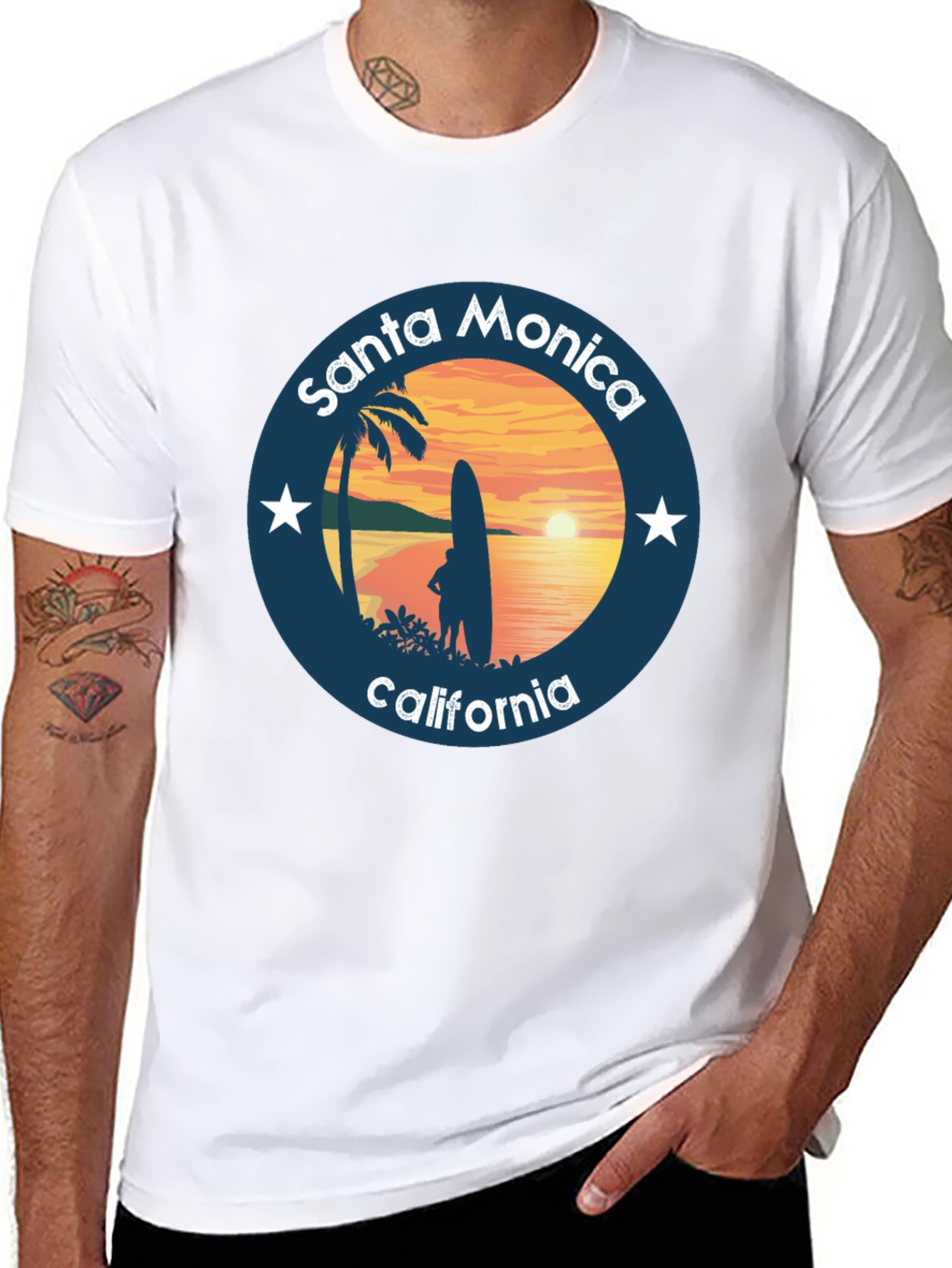 Black Santa Monica California T-Shirt Surfer Design view 8