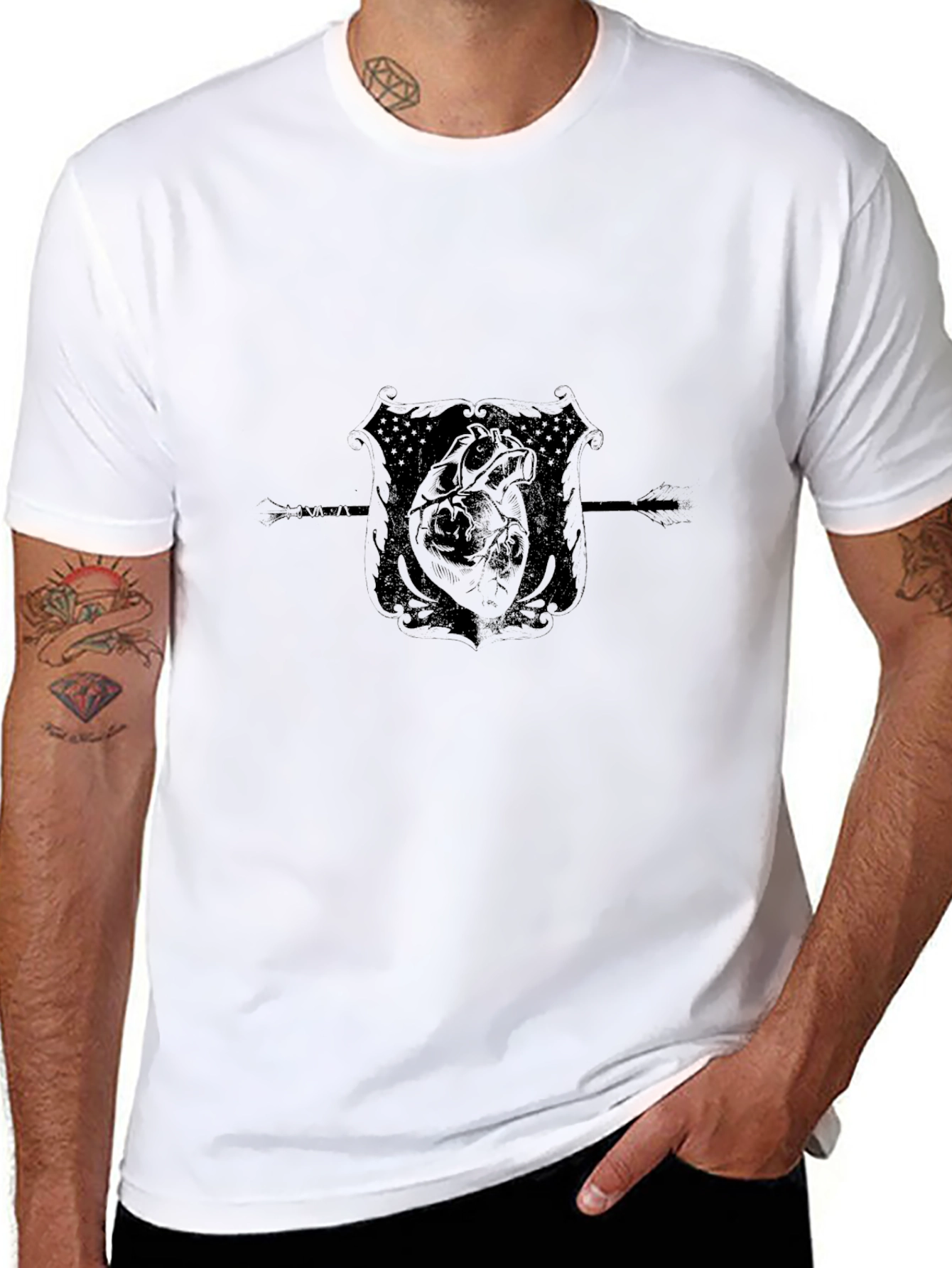 Black Men's Black T-Shirt with Heart Crest Design view 8