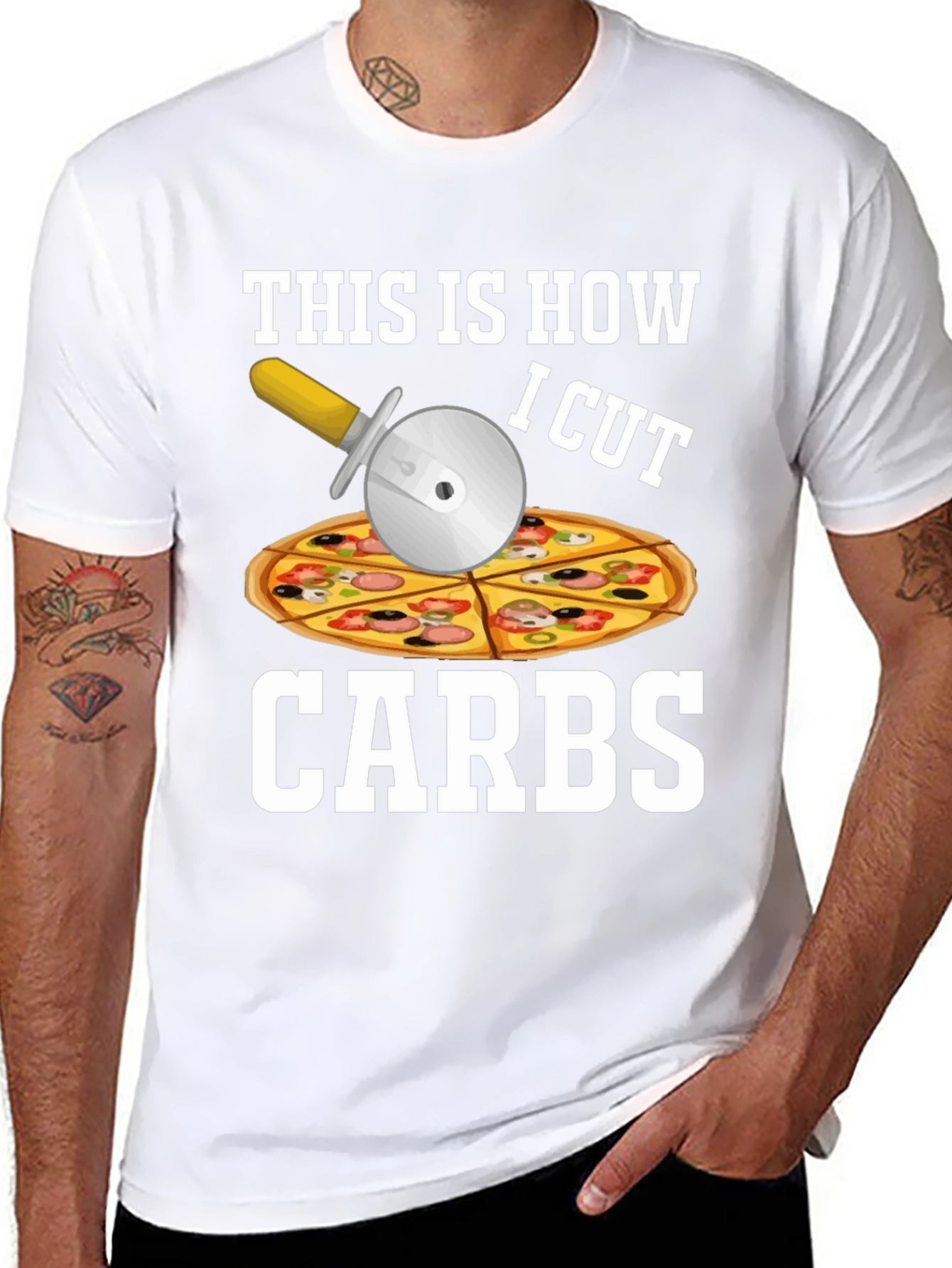 Black Funny Pizza Cutter "Carbs" T-Shirt view 8