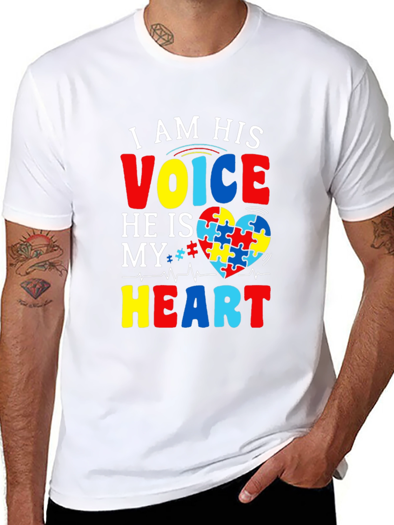 Black Autism Awareness T-Shirt - I am His Voice, He is My Heart view 8