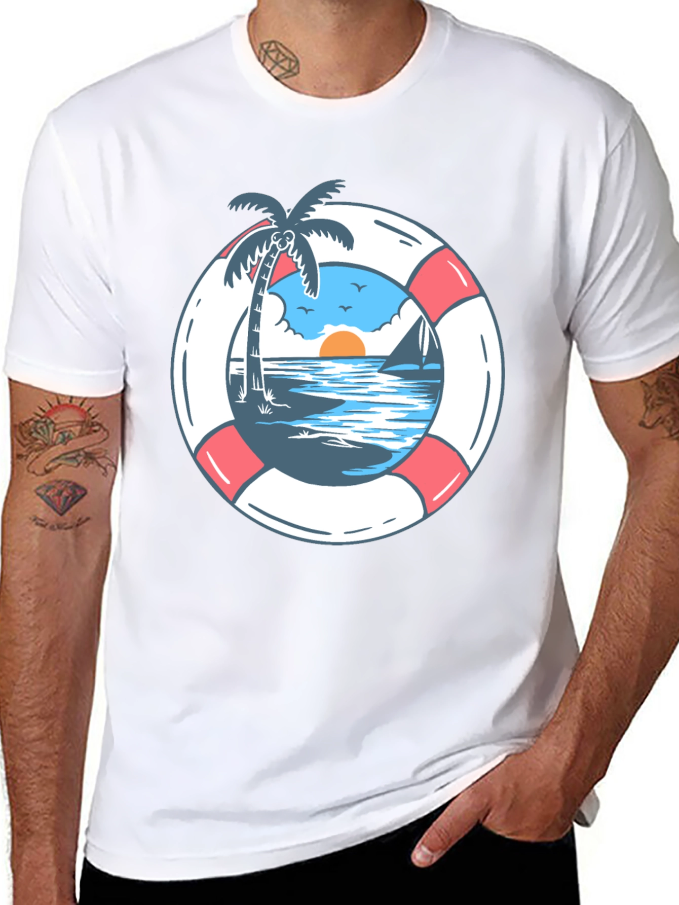 Tropical Beach Life Preserver Graphic Tee - 8
