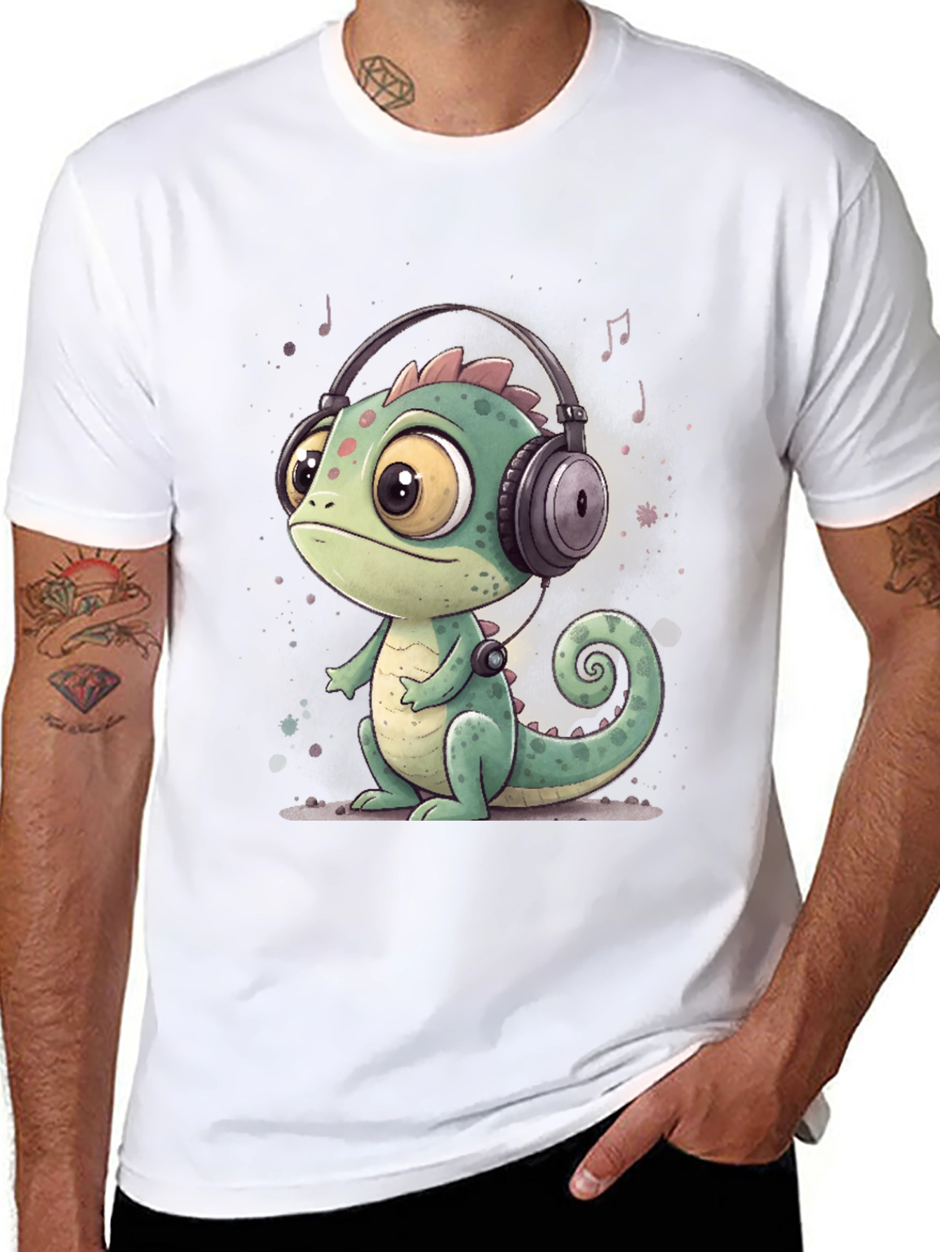 Black Cartoon Chameleon T-Shirt with Headphones view 8