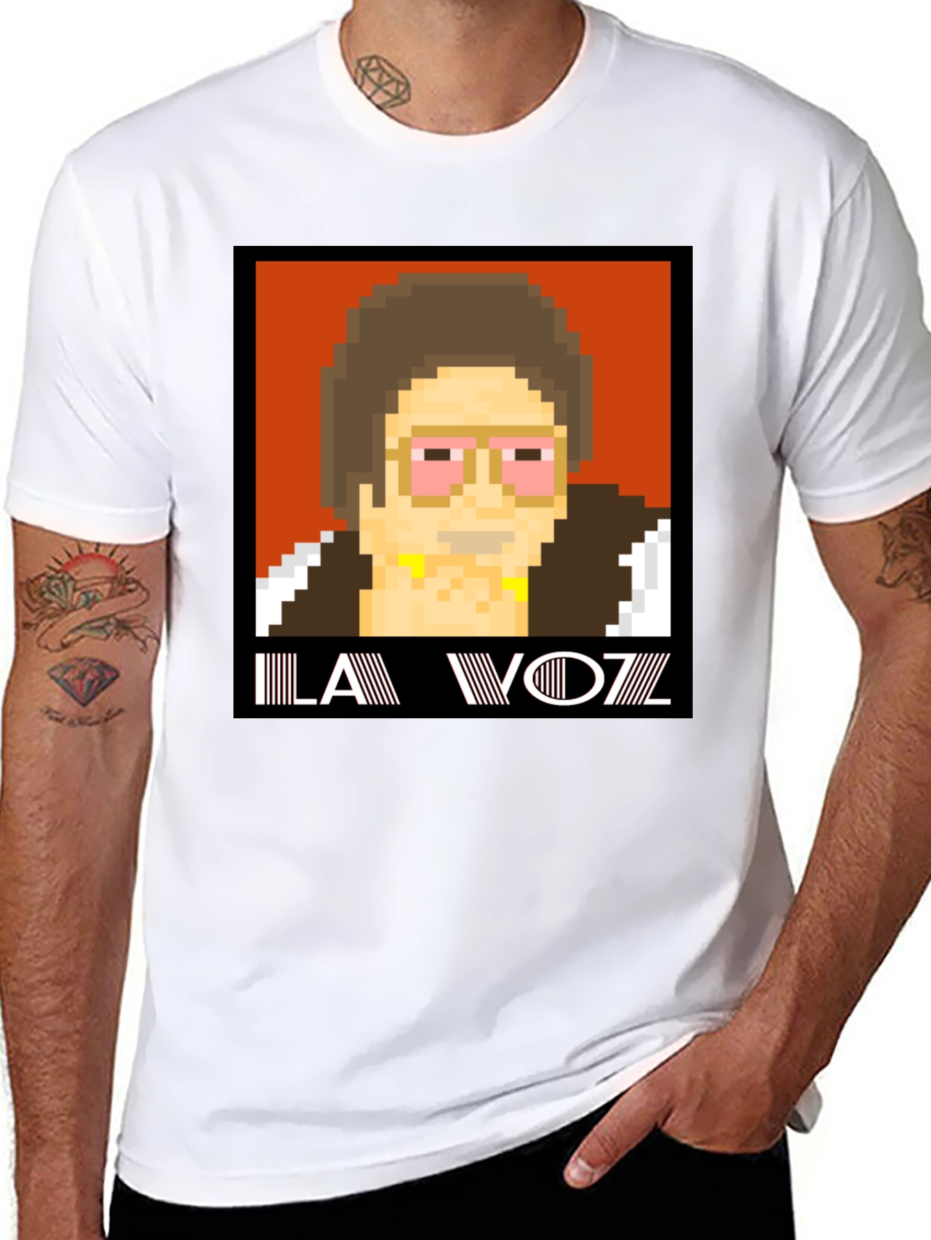 Black Retro Pixel Art T-Shirt: LA VOZZ view 8
