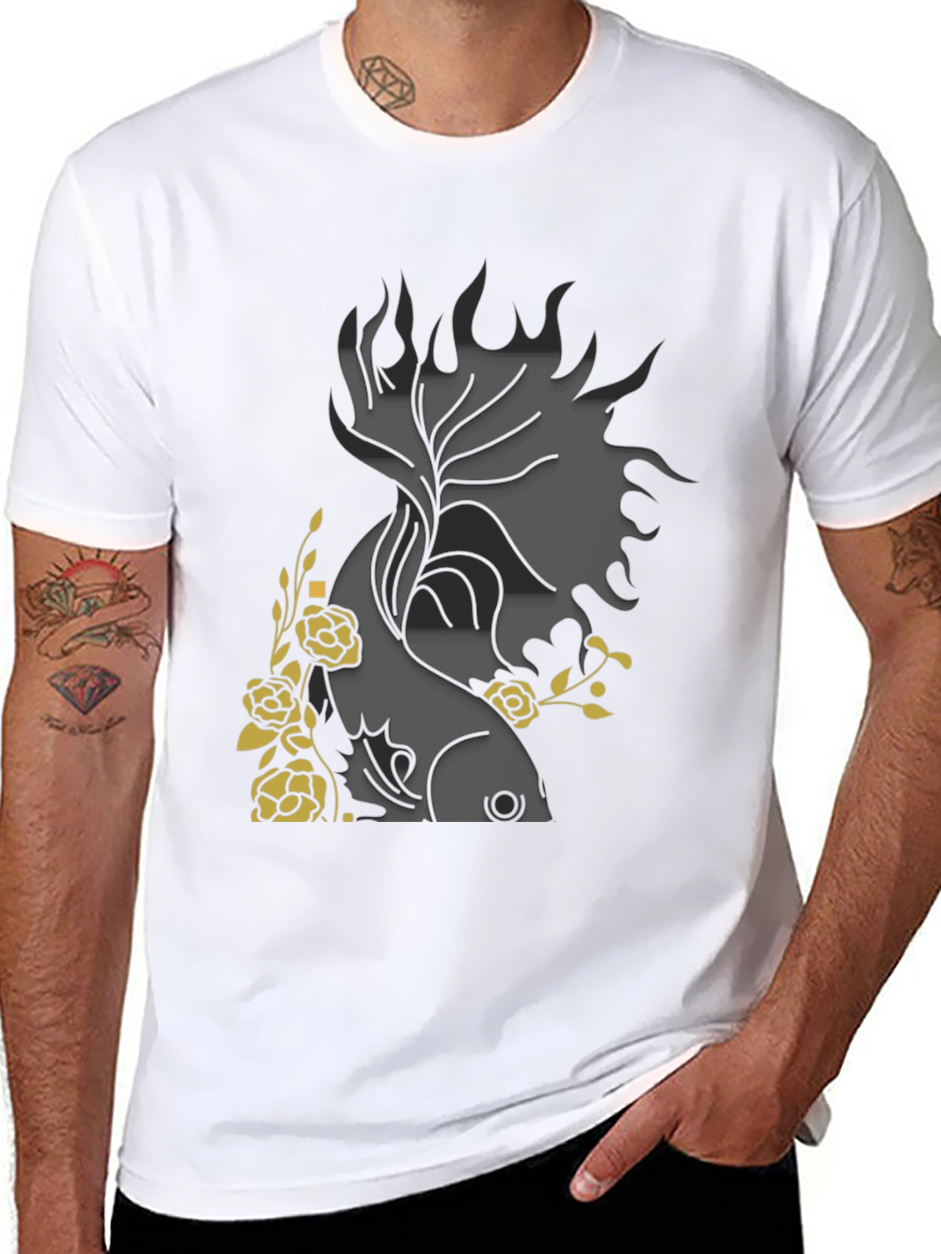 Black Floral Fish Graphic Black T-Shirt view 8