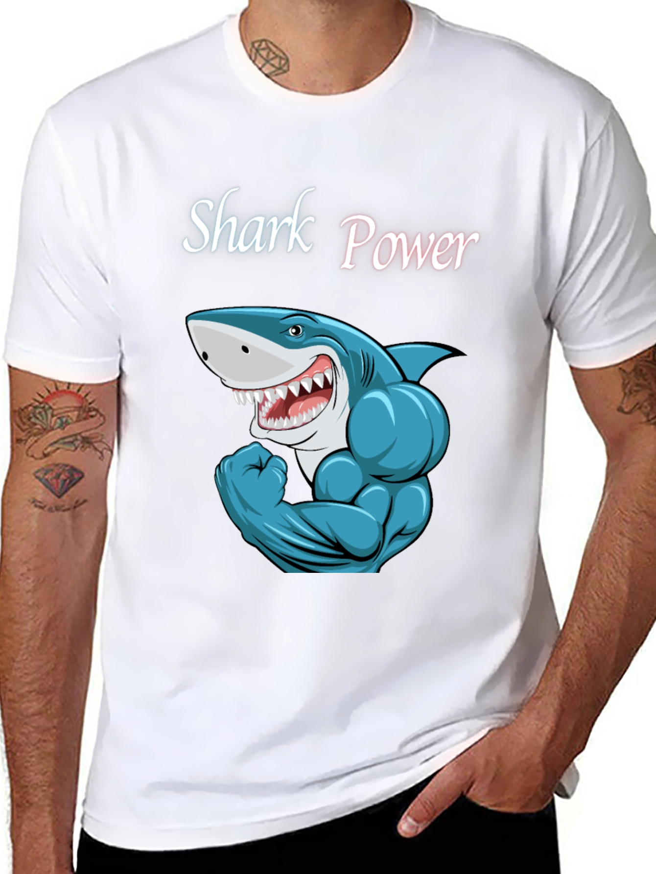Black Shark Power Black T-Shirt - Muscular Cartoon Shark Design view 8