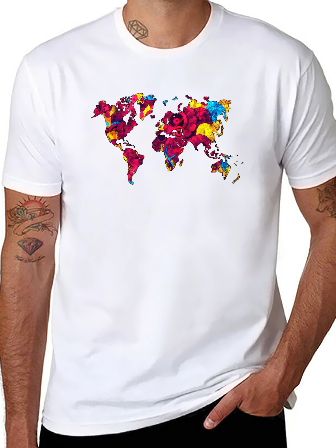Black World Map Graphic Print Men's Black T-Shirt view 8