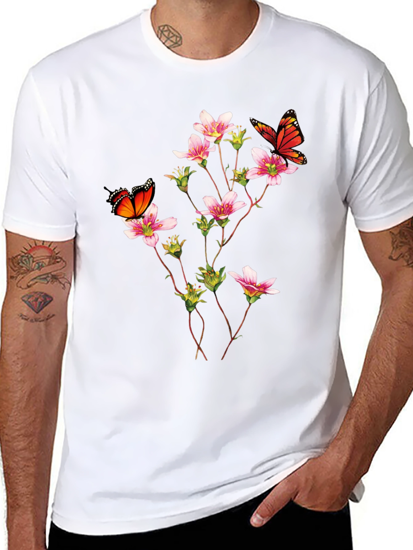 Black Butterfly & Floral Print Black T-Shirt view 8