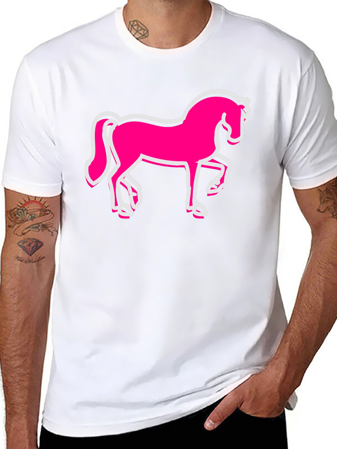 Black Pink Horse Graphic Black T-Shirt - Men's Fashion view 8