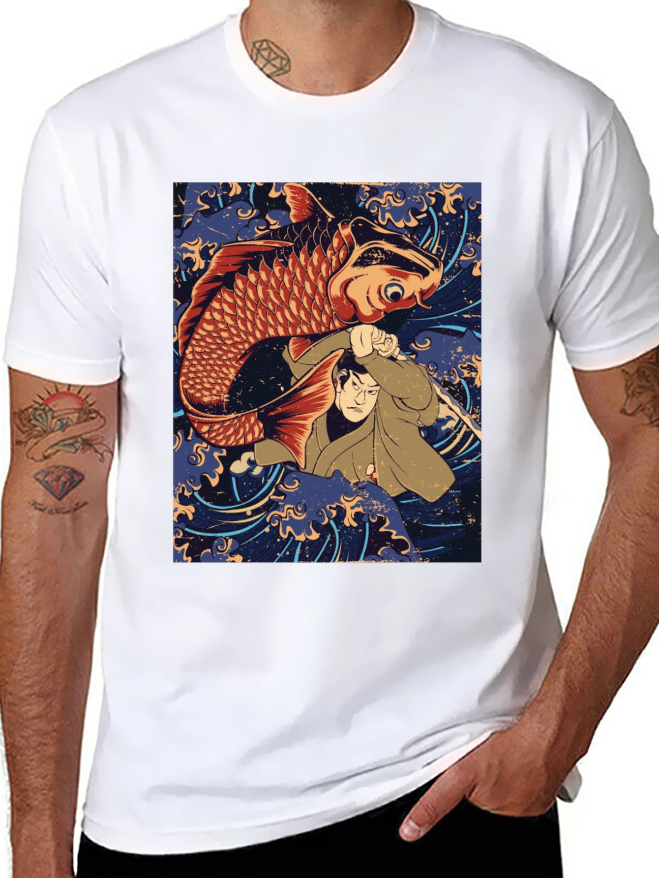 Black Koi Fish & Samurai T-Shirt - Graphic Tee view 8
