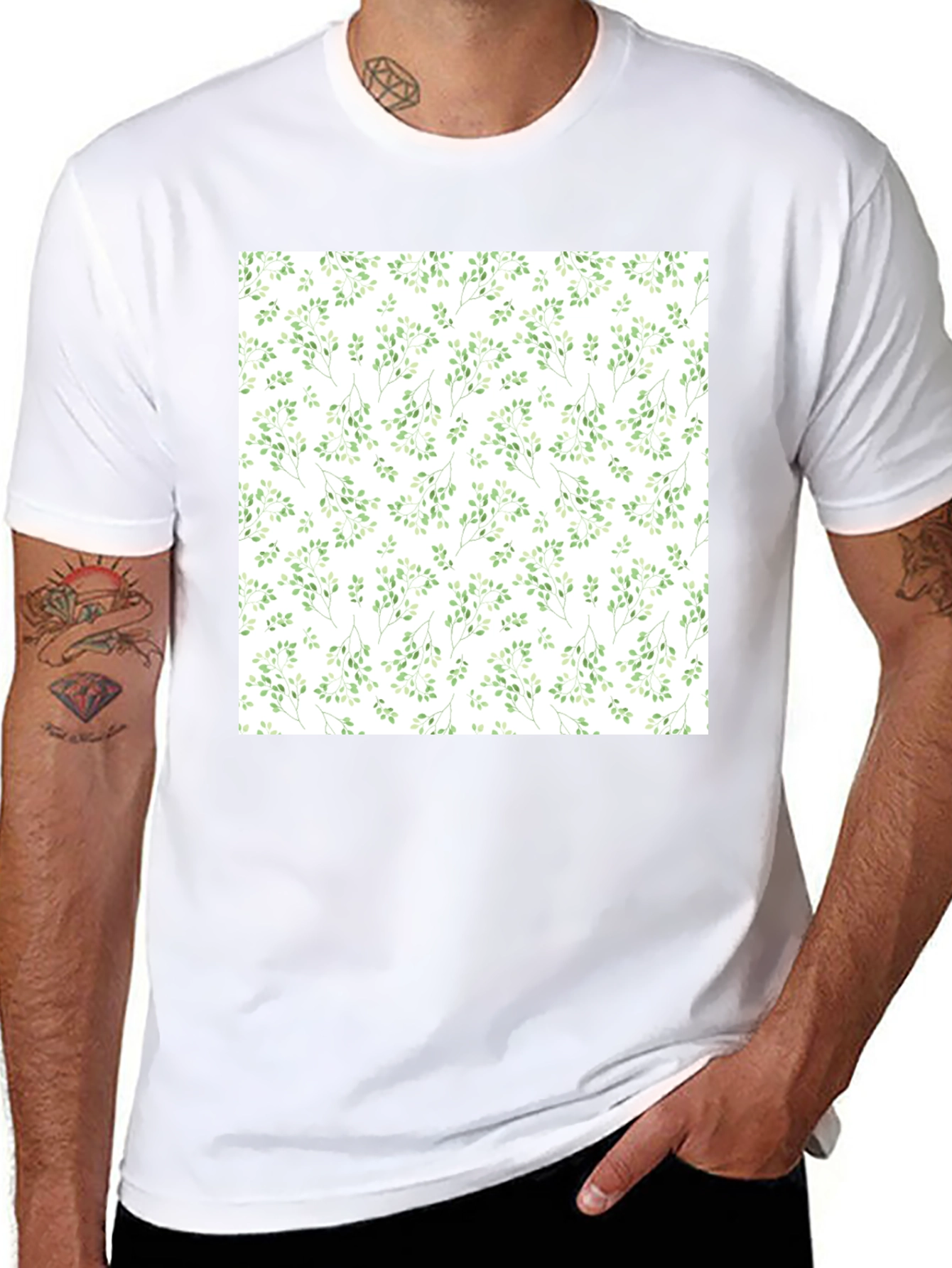 Black Green Leaves Patterned Black T-Shirt view 8