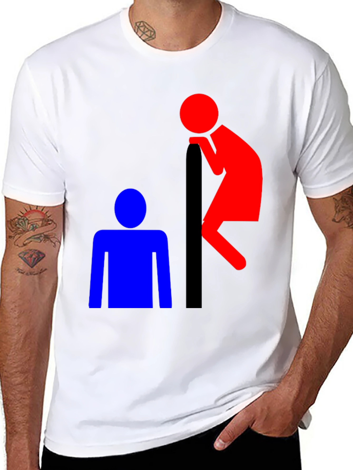 Black Funny T-Shirt: Red Peeping Tom and Blue Figure view 8