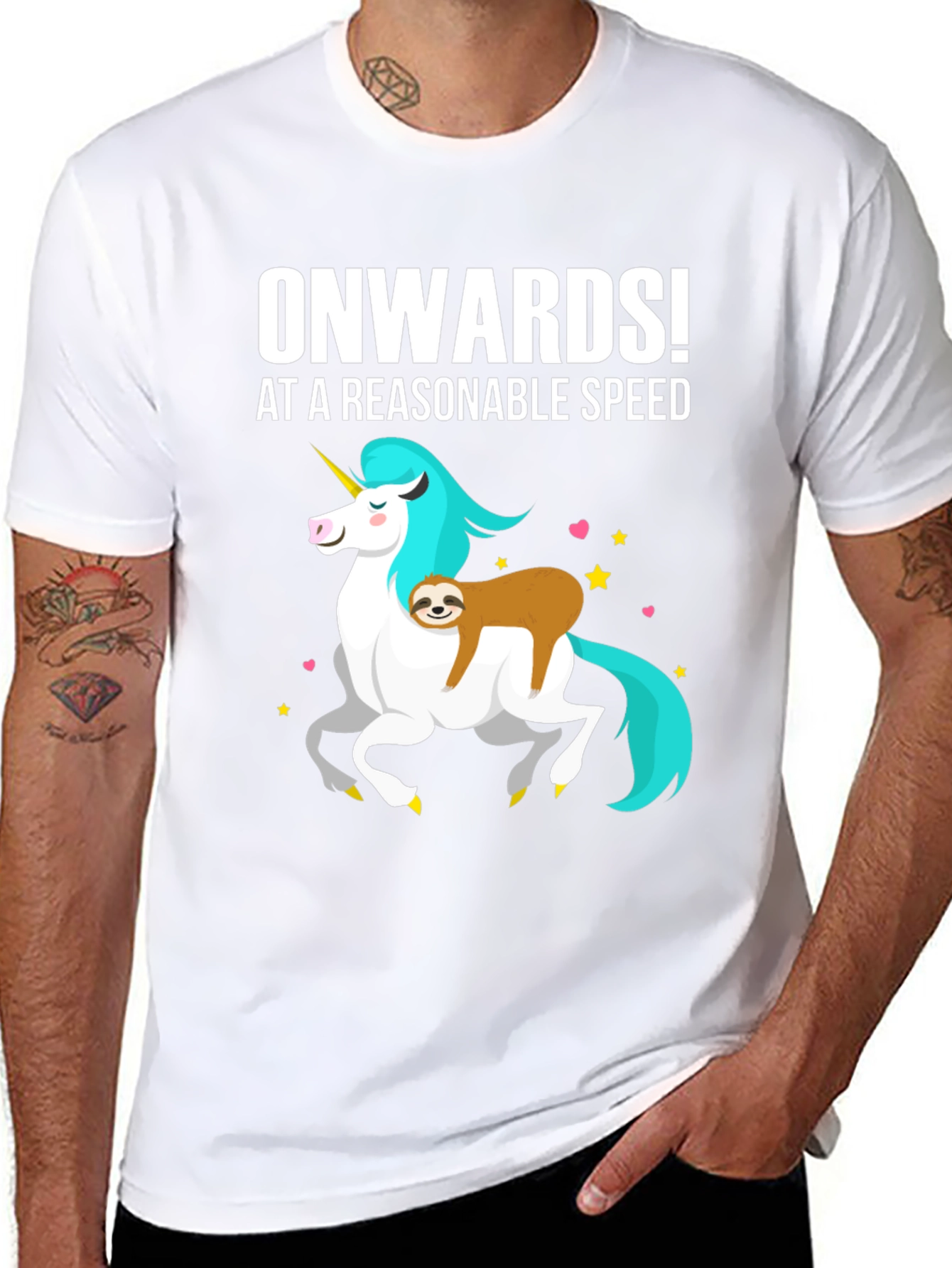 Black Onwards! Sloth Riding Unicorn Graphic Tee view 8