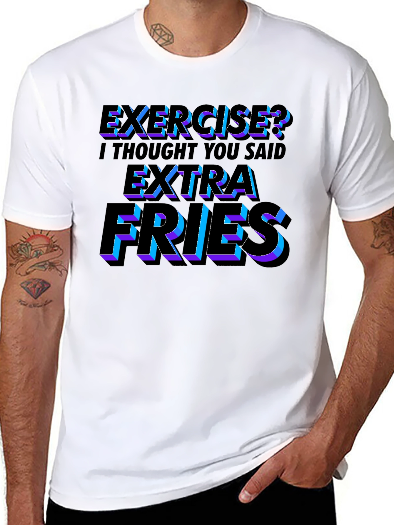 Black Funny Exercise? Extra Fries Men's Black T-Shirt view 8