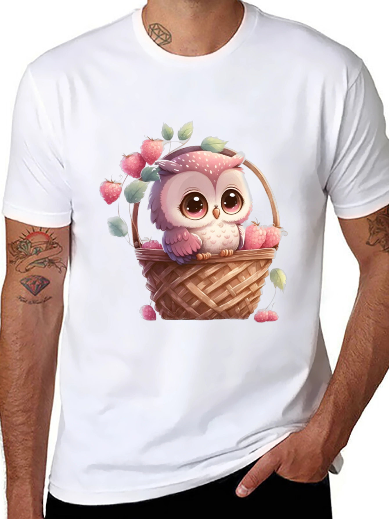 Black Owl in Basket T-Shirt: Cute Cartoon Graphic Tee view 8