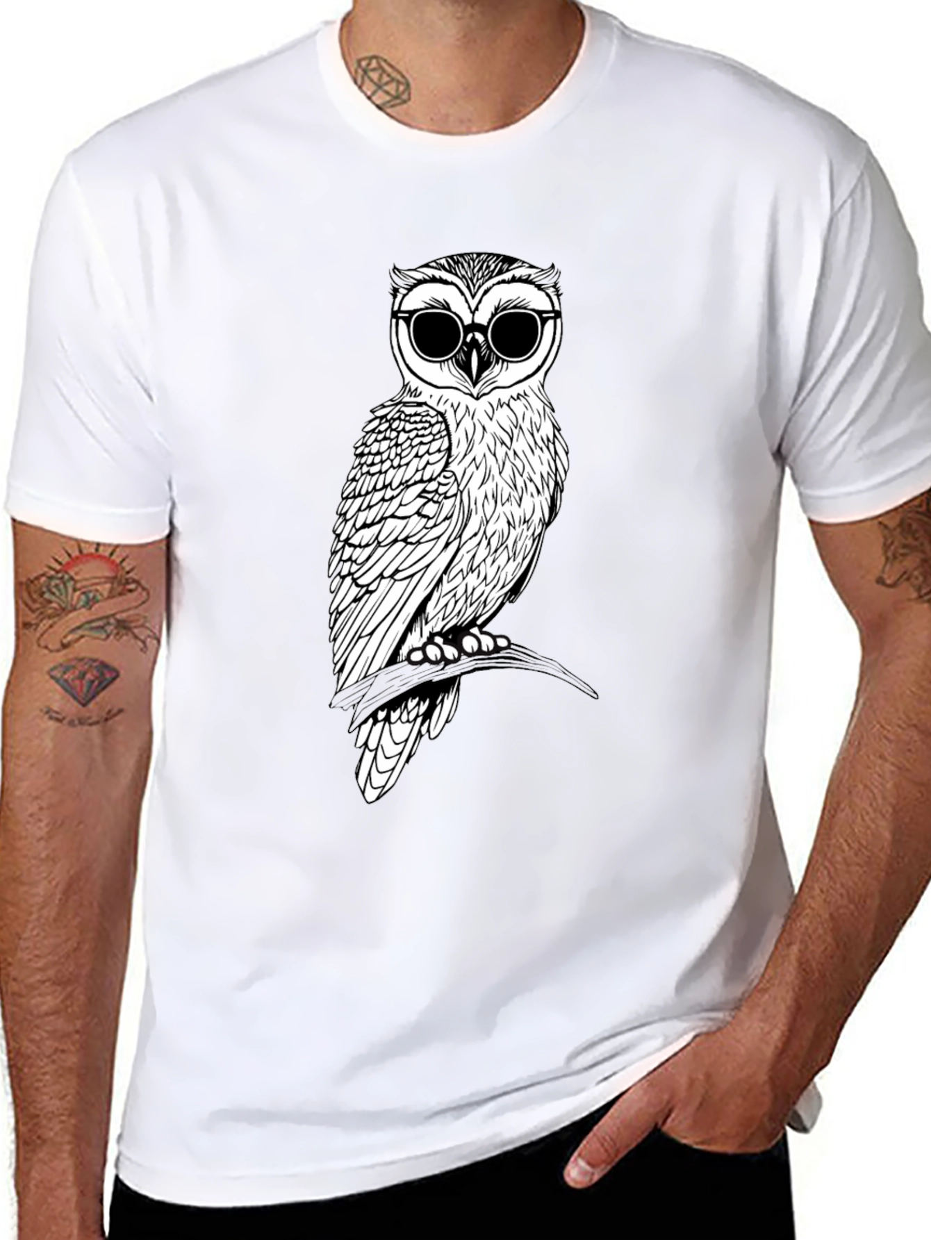 Black Cool Owl Graphic Tee - Black Cotton T-Shirt view 8