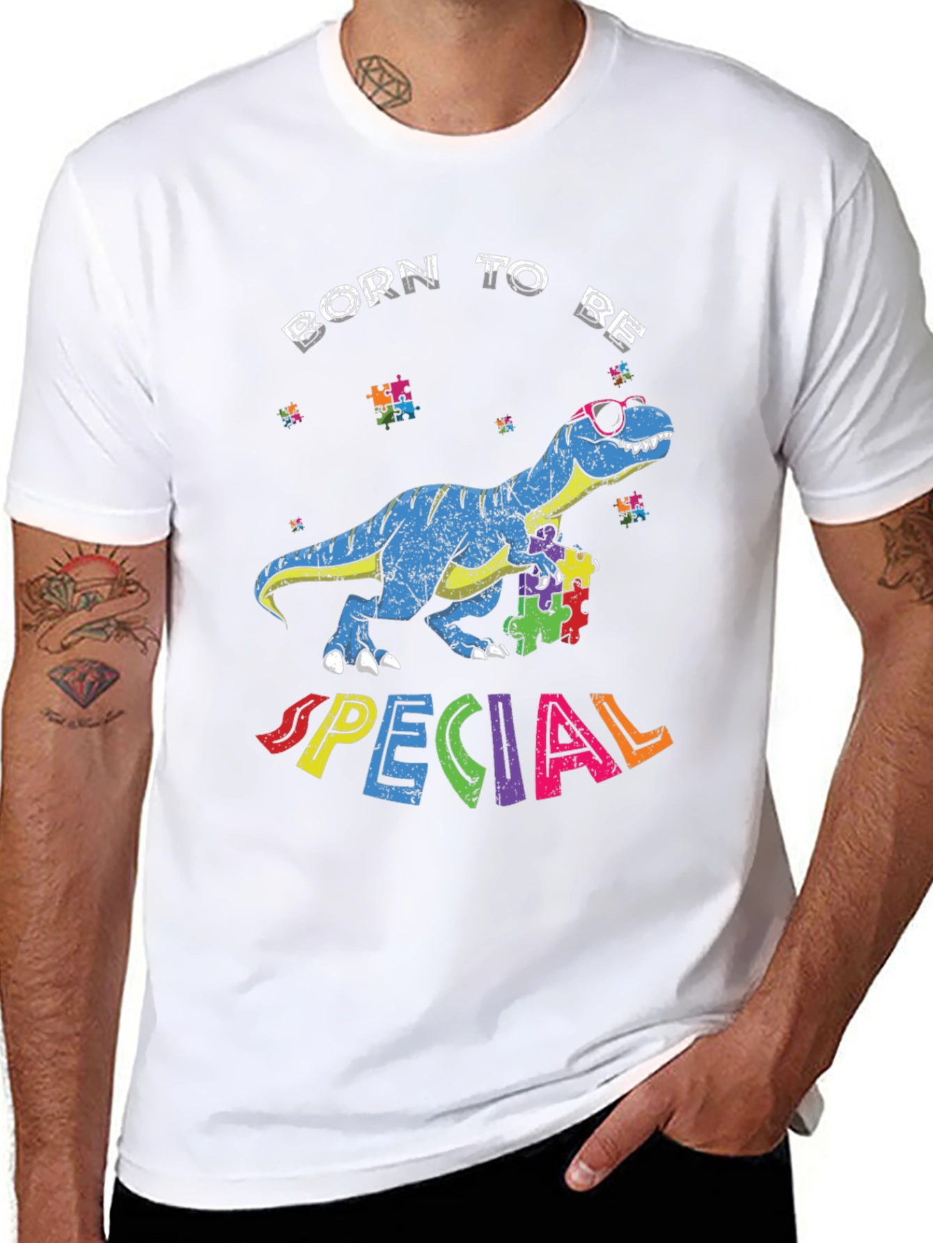 Black Born to Be Special Autism Awareness Dinosaur T-Shirt view 8