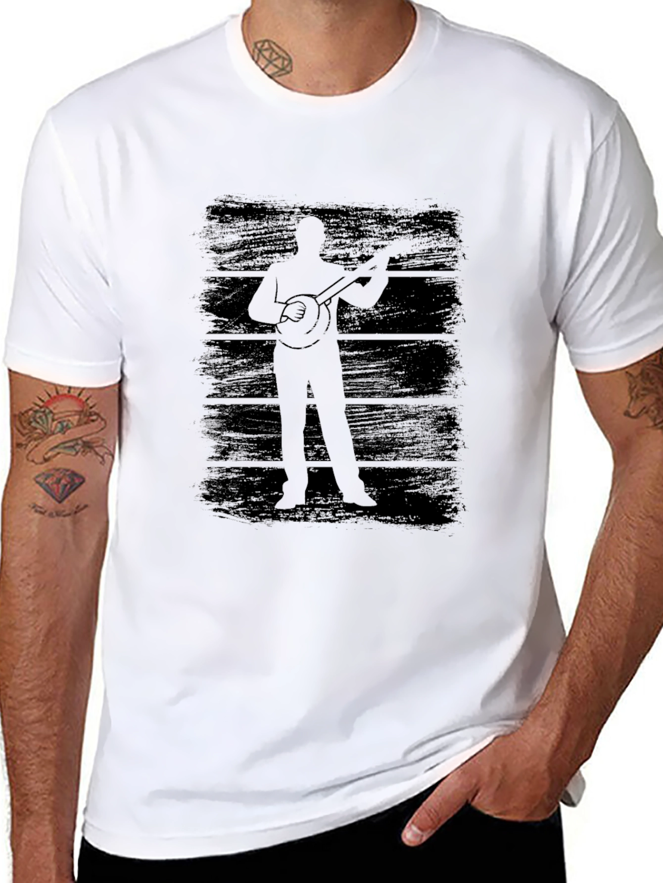 Black Banjo Player Silhouette Graphic Tee - Black Cotton T-Shirt view 8