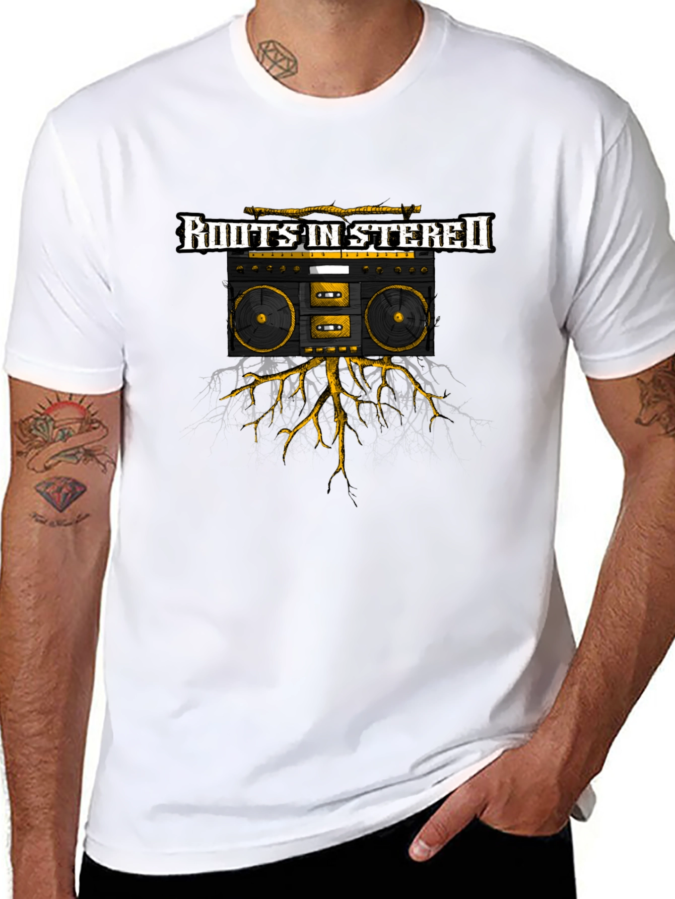 Black Roots in Stereo Black Graphic Tee - Cool Boombox Design view 8