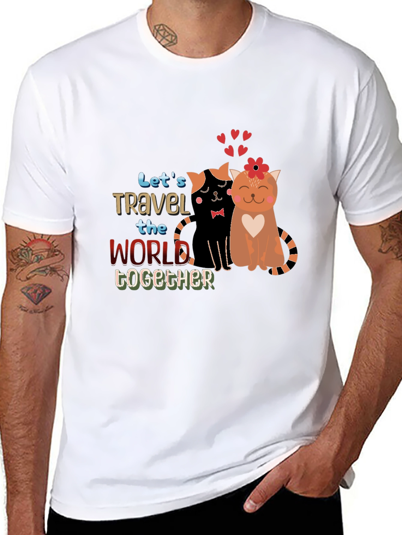 Black Cute Couple Cats Travel Together Graphic Black T-Shirt view 8