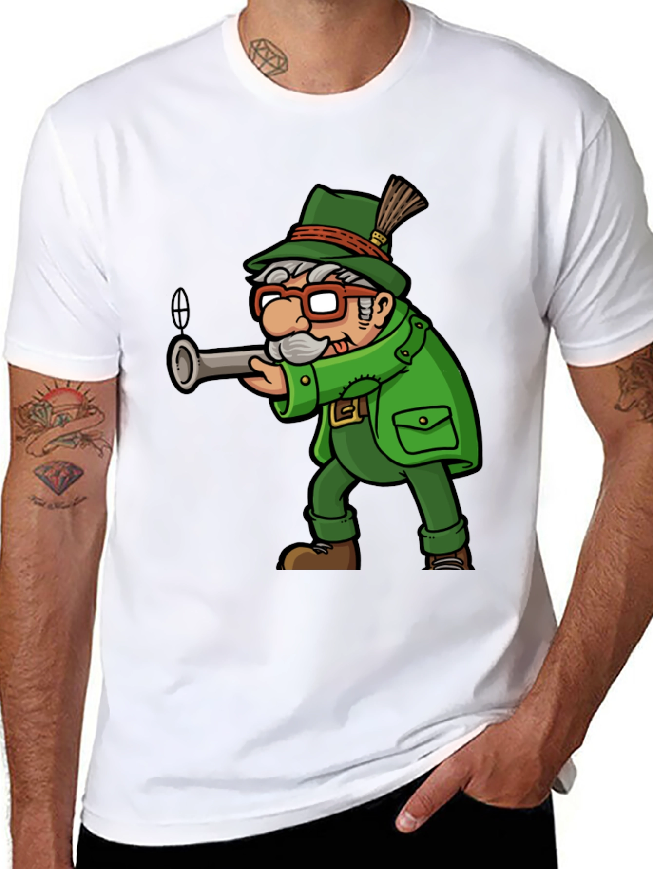 Black Cartoon Hunter Graphic Tee - Quirky Novelty Shirt view 8