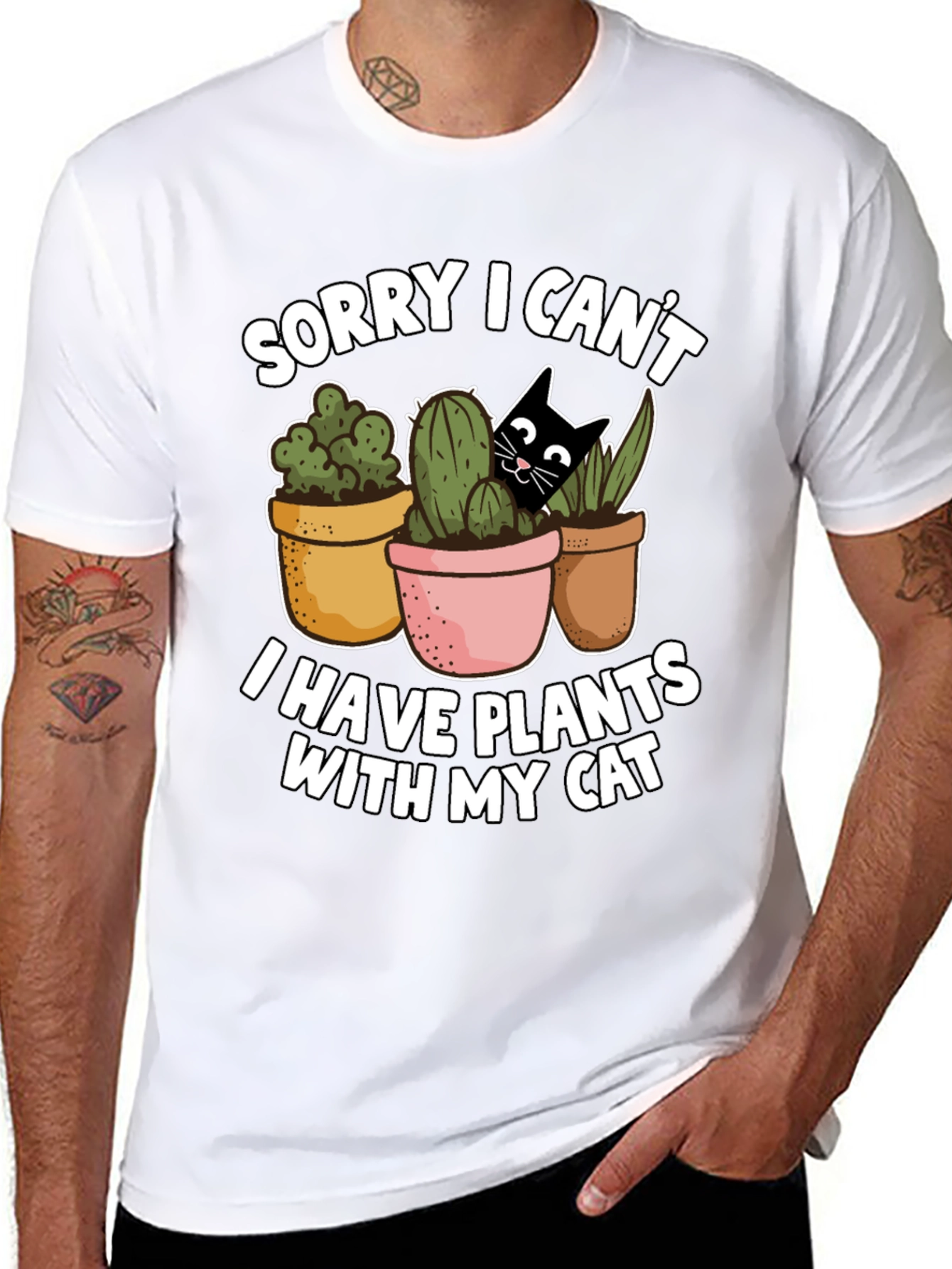 Black Funny Plants and Cat Graphic T-Shirt view 8