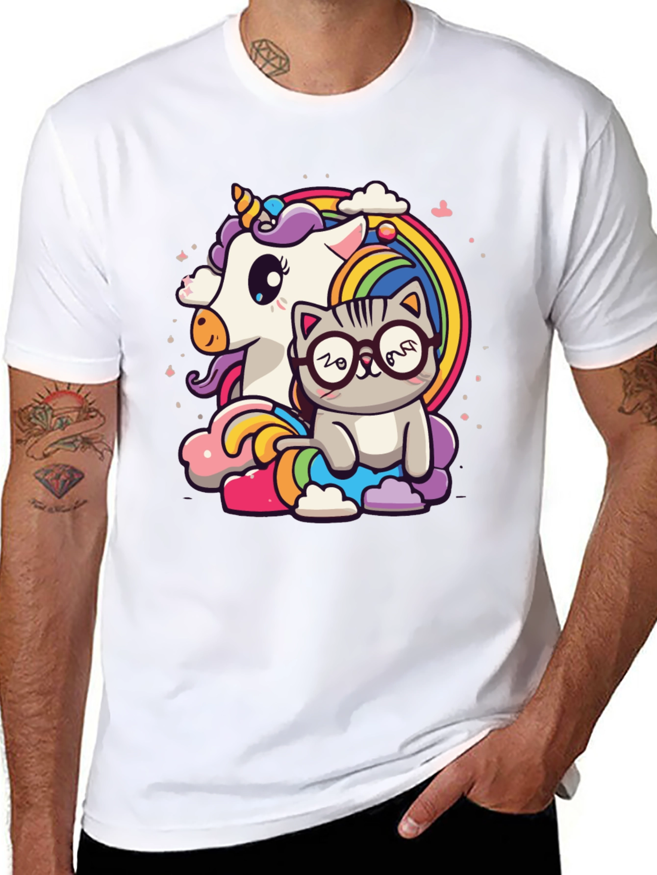 Black Unicorn Cat Rainbow Graphic Tee - Black view 8