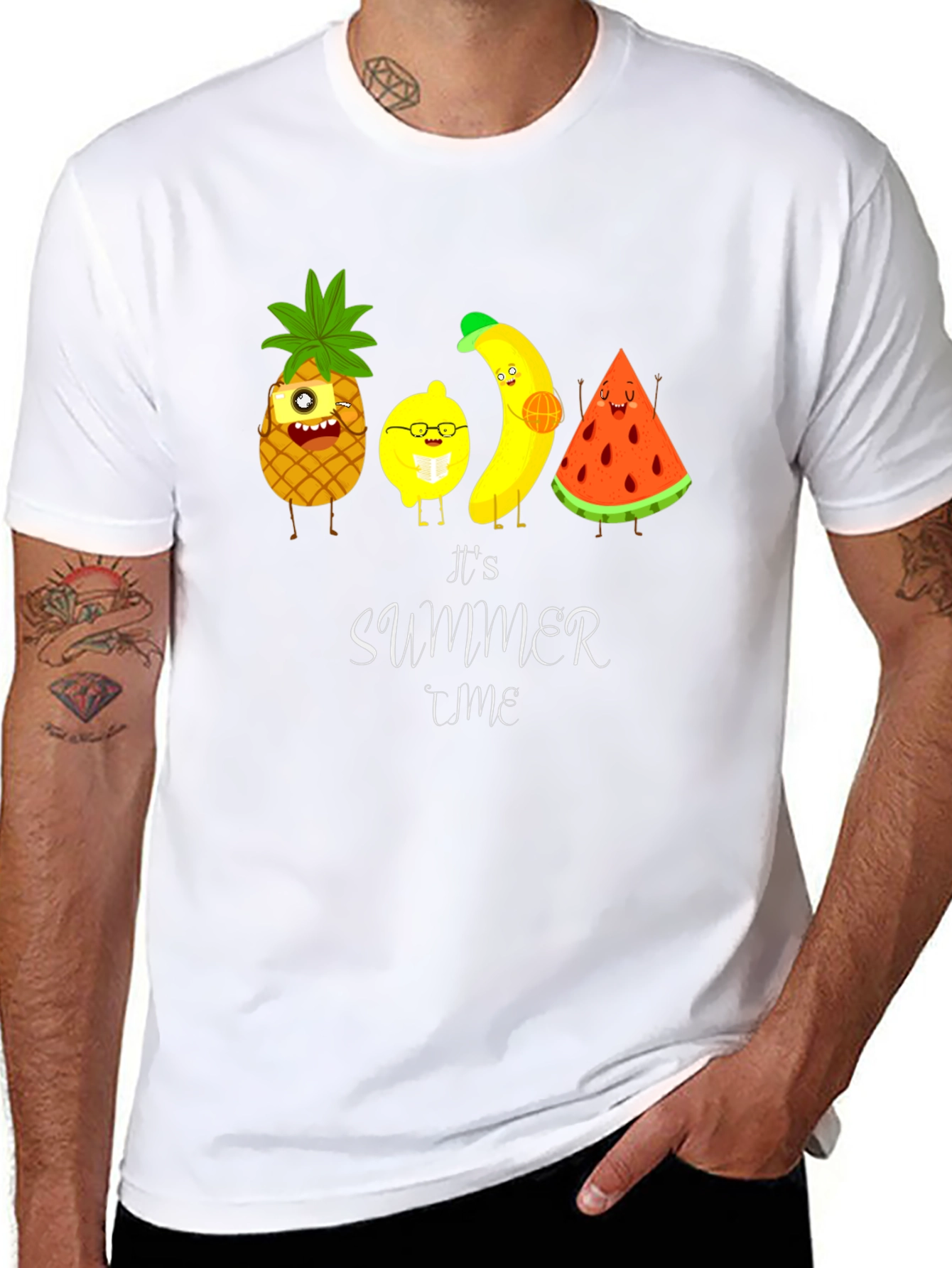 Black It's Summer Time Fruit Cartoon T-Shirt view 8