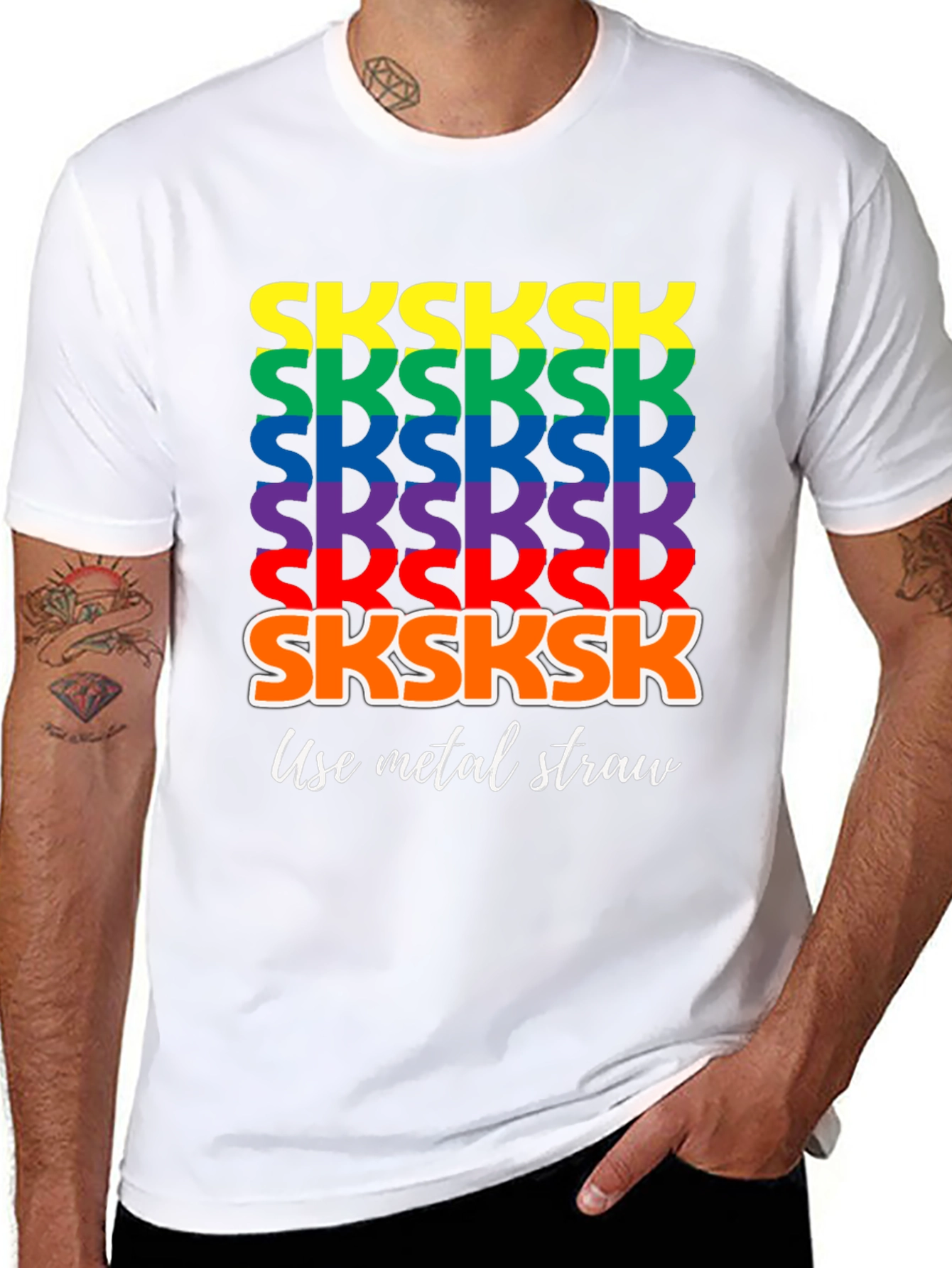 Black Rainbow SKSKSK Use Metal Straw Graphic T-Shirt view 8