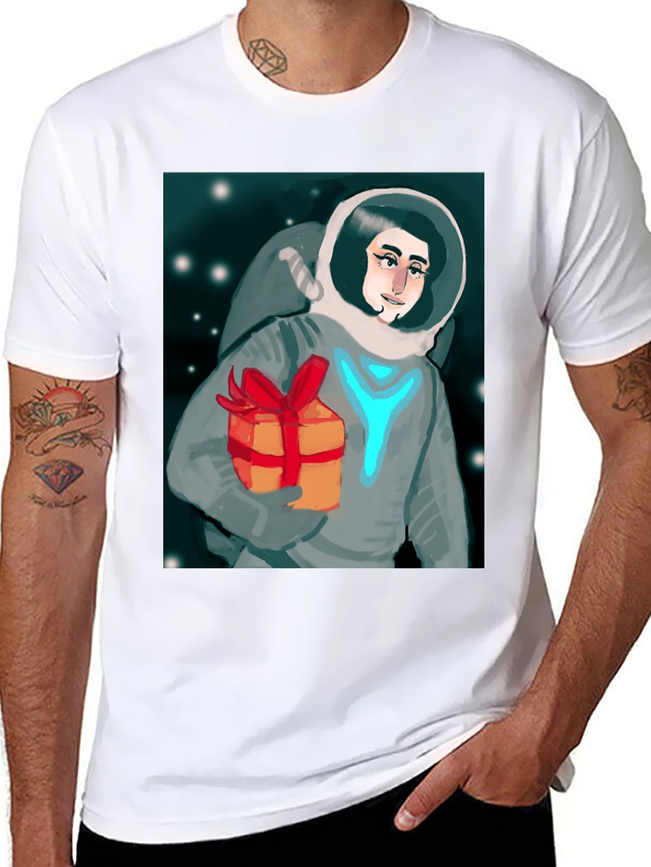 Black Astronaut with Gift Graphic Tee - Black Cotton T-Shirt view 8