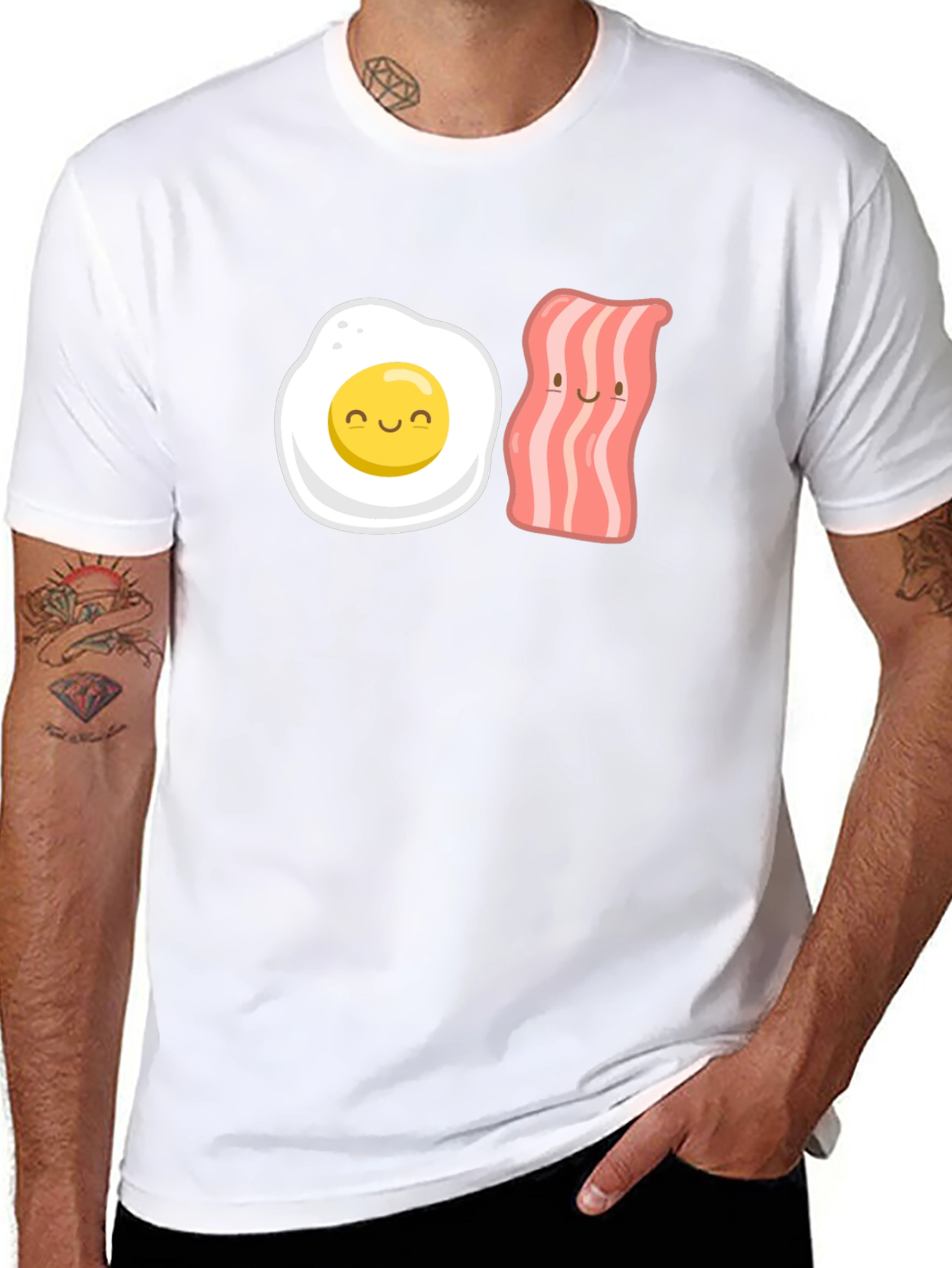 Black Funny Egg & Bacon Cartoon Graphic Tee - Black view 8