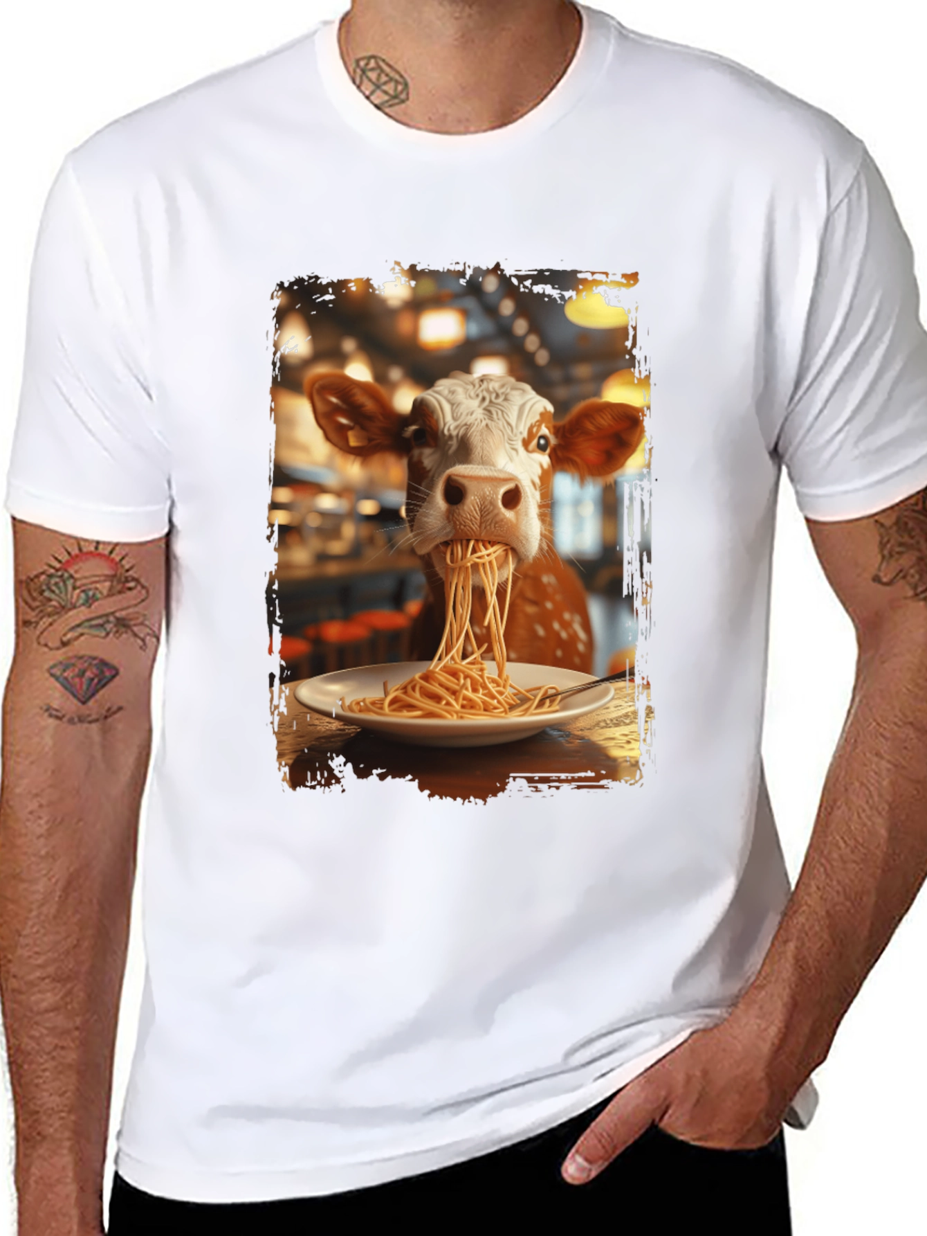 Black Cow Eating Spaghetti Graphic T-Shirt view 8