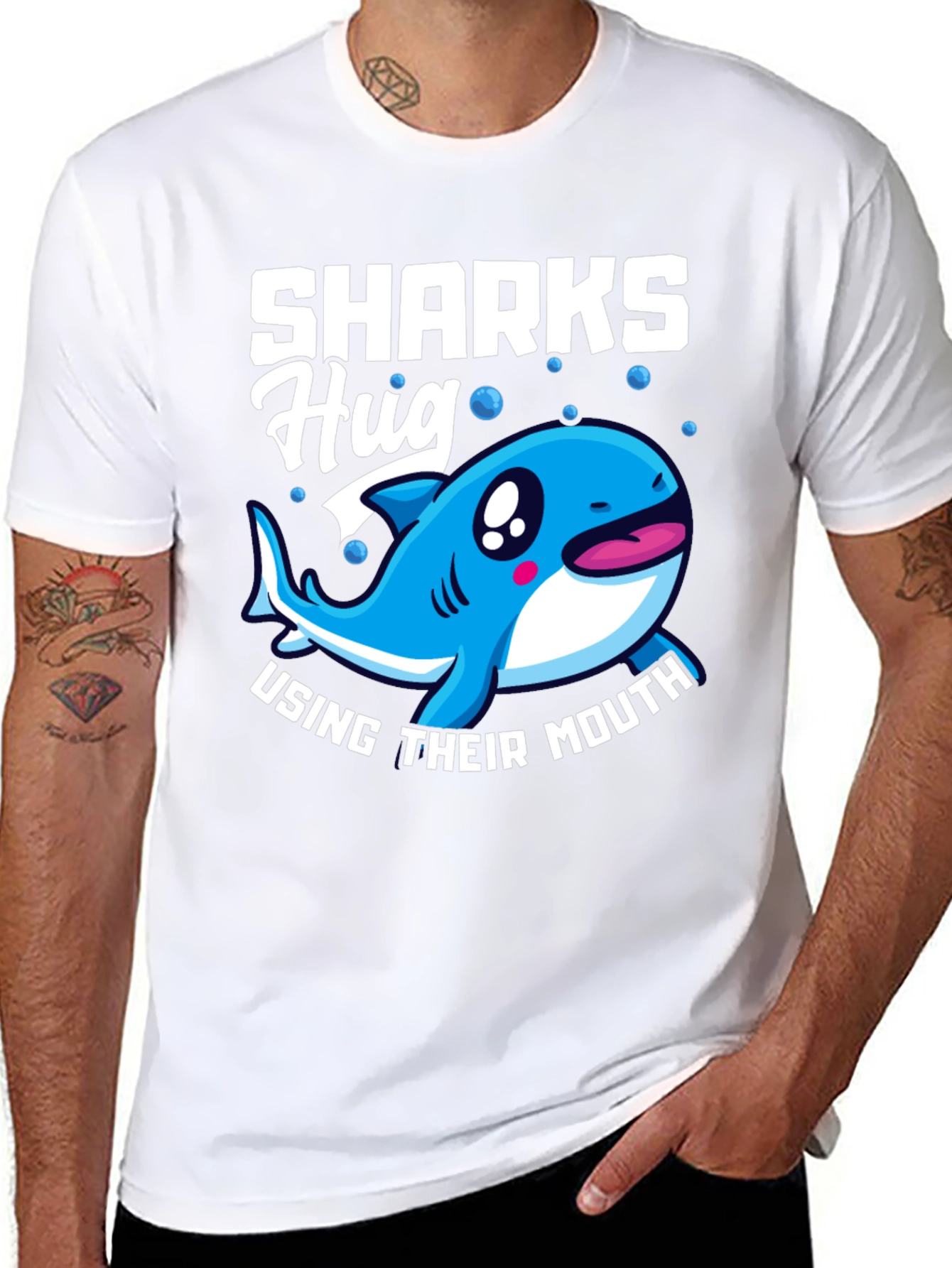 Black Sharks Hug with Their Mouth T-Shirt, Funny Animal Tee view 8