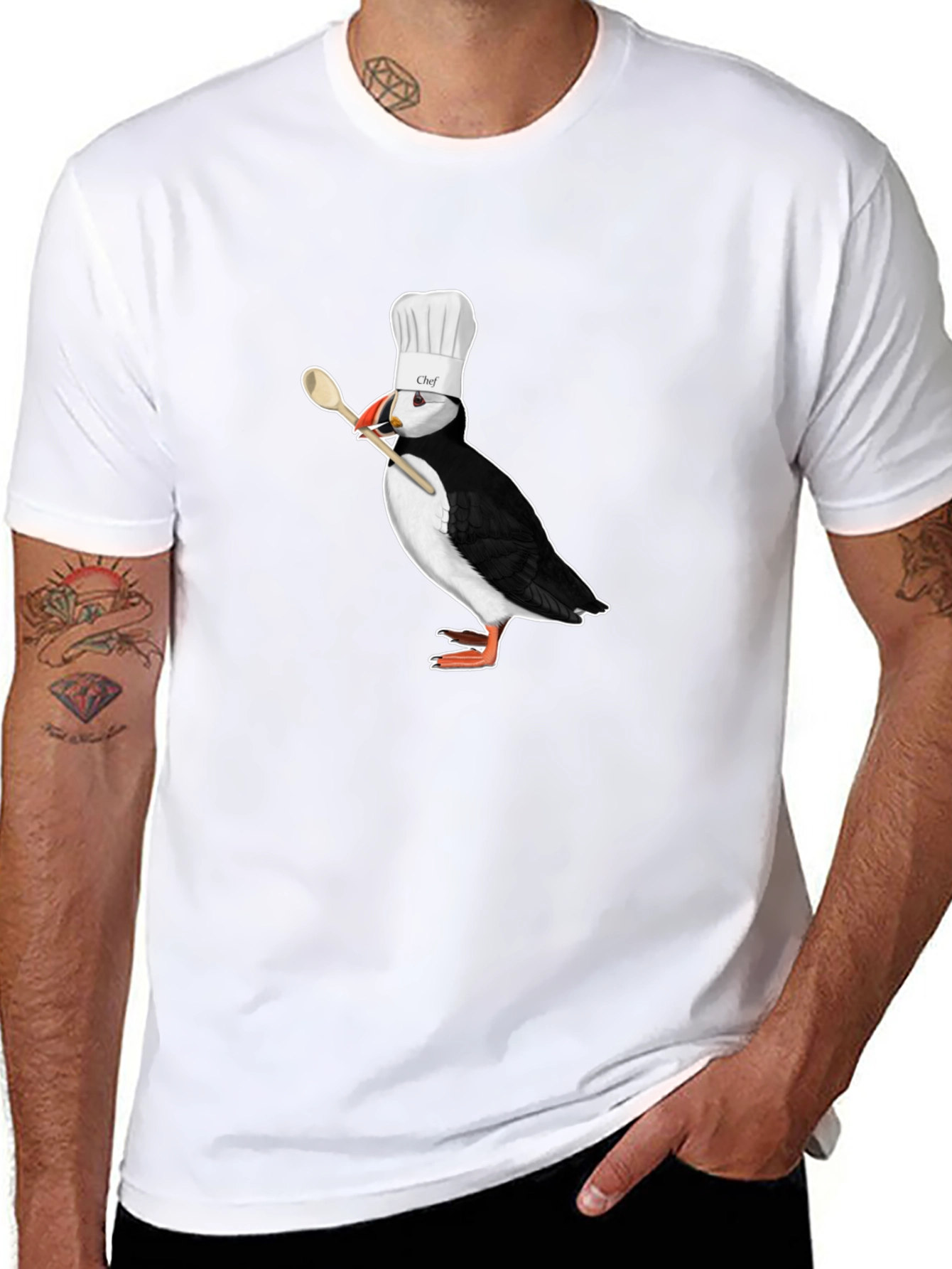 Black Chef Puffin T-Shirt - Black Cotton Tee view 8