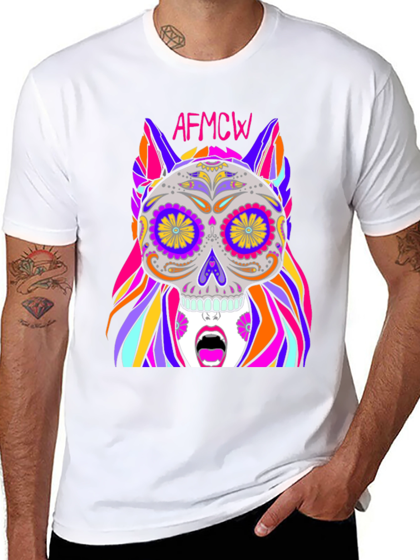 Black Colorful Sugar Skull Graphic Tee - Unique Design view 8