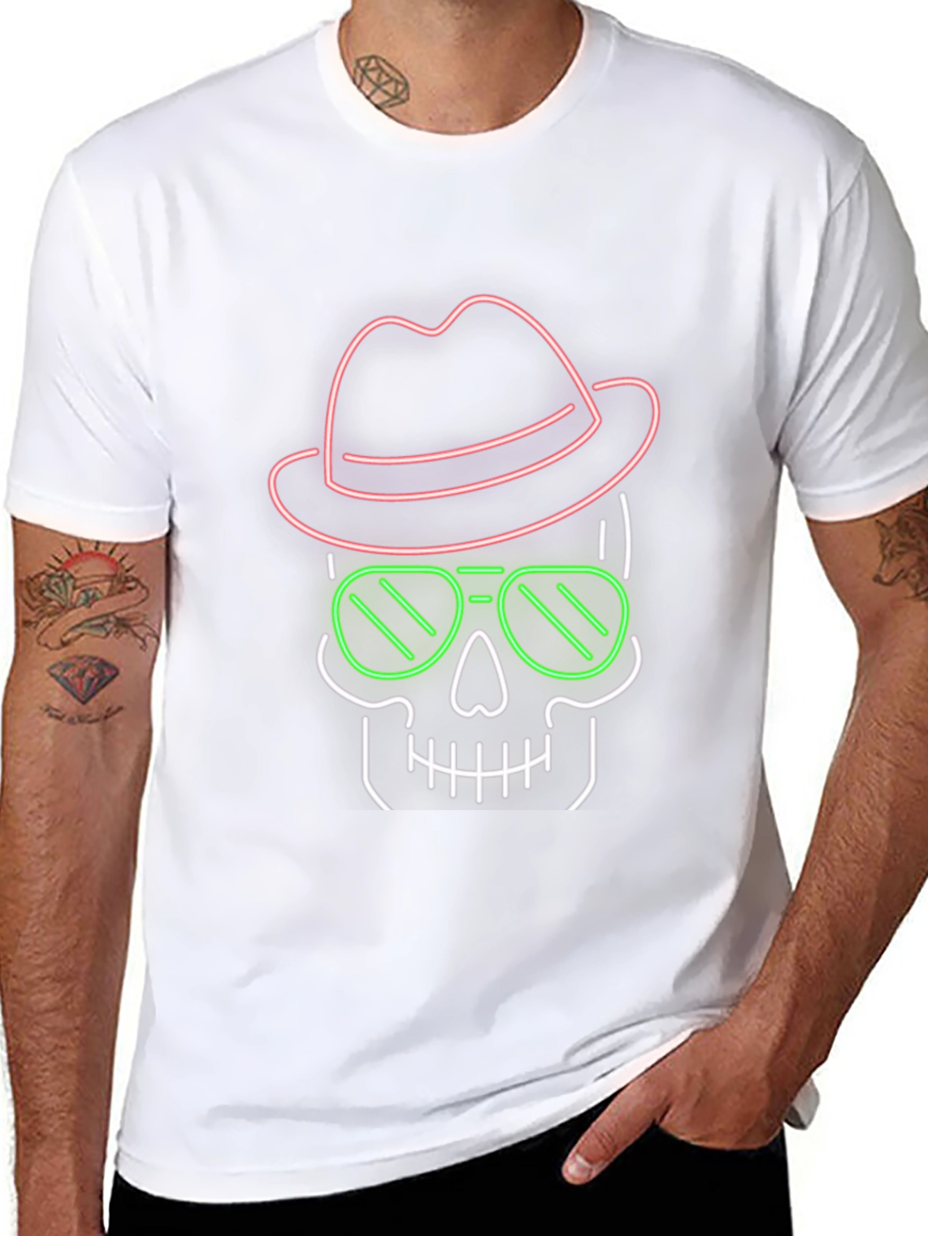 Black Neon Skull T-Shirt - Hat & Sunglasses Graphic Tee view 8