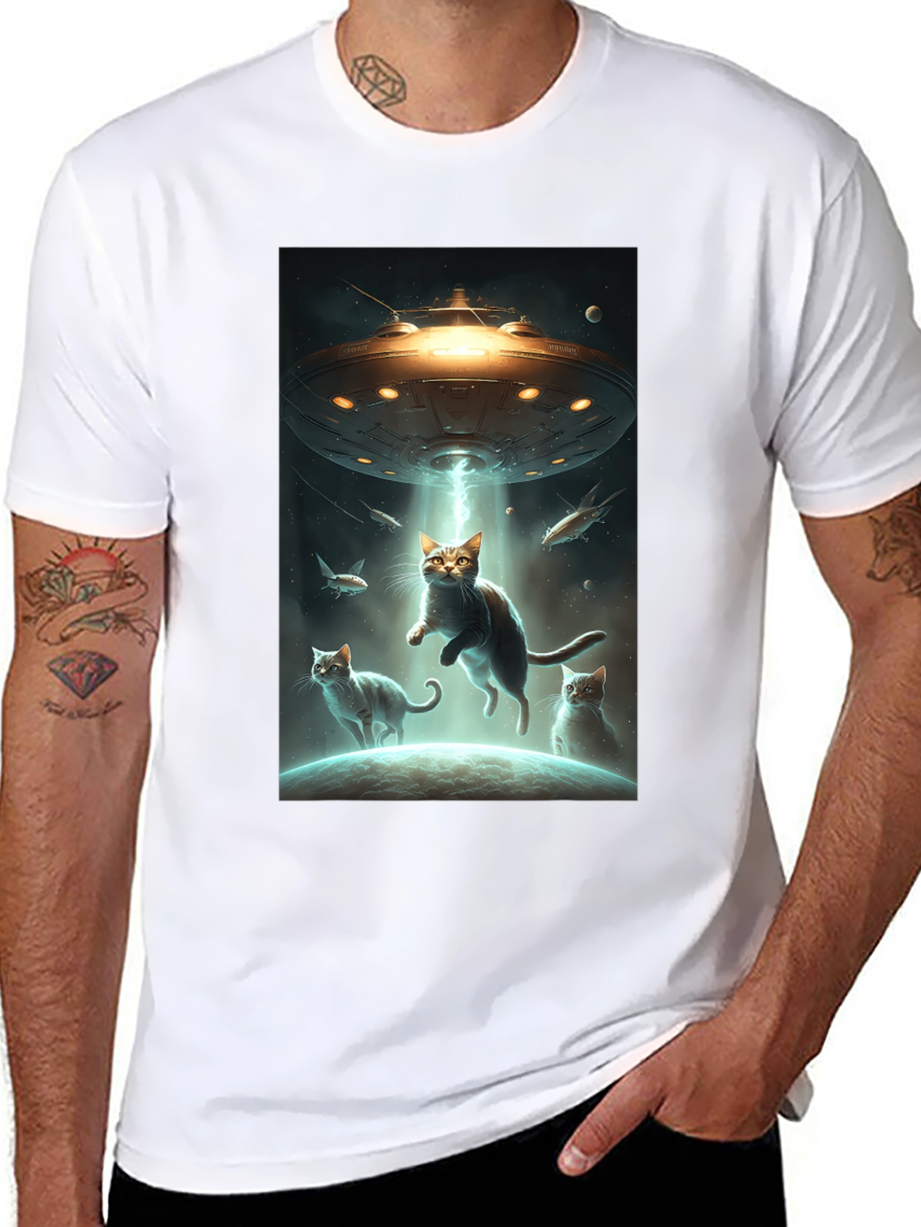 Black Alien Cat Abduction T-Shirt view 8