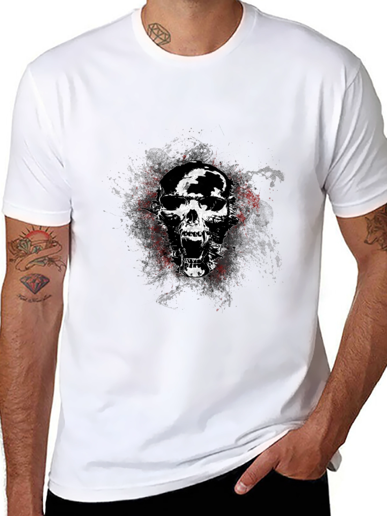 Black Edgy Skull Graphic Tee - Black Cotton Blend T-Shirt view 8