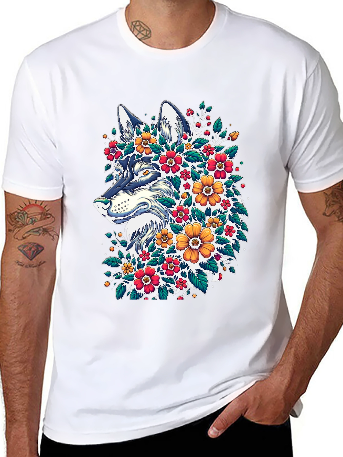 Black Floral Wolf T-Shirt - Artistic Graphic Tee view 8