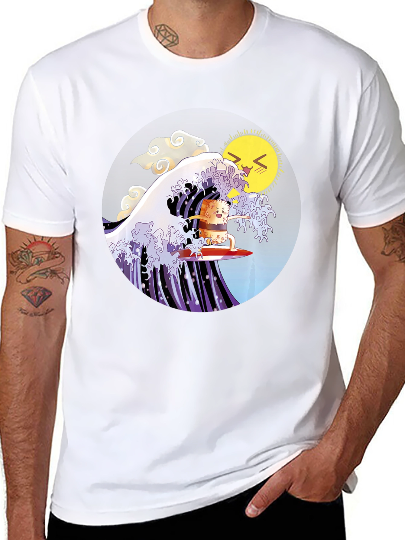 Black Sushi Surfer T-Shirt - Kawaii Wave Design view 8