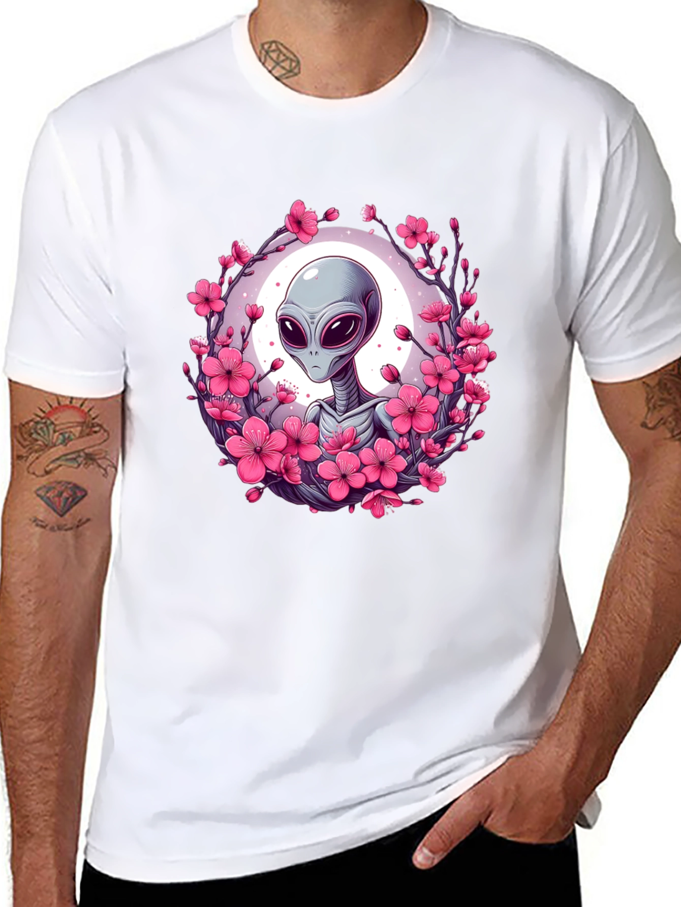 Black Alien in Cherry Blossoms Graphic Tee - Black view 8