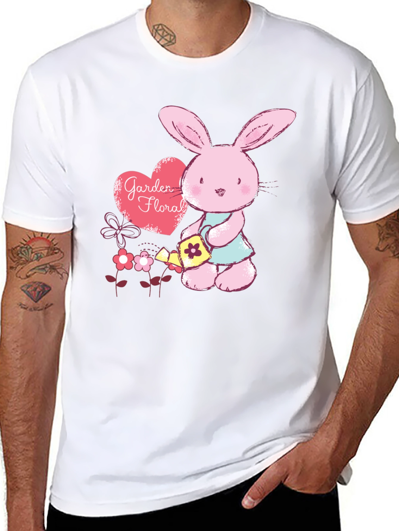 Black Cute Bunny Gardener T-Shirt - Floral Garden Design view 8