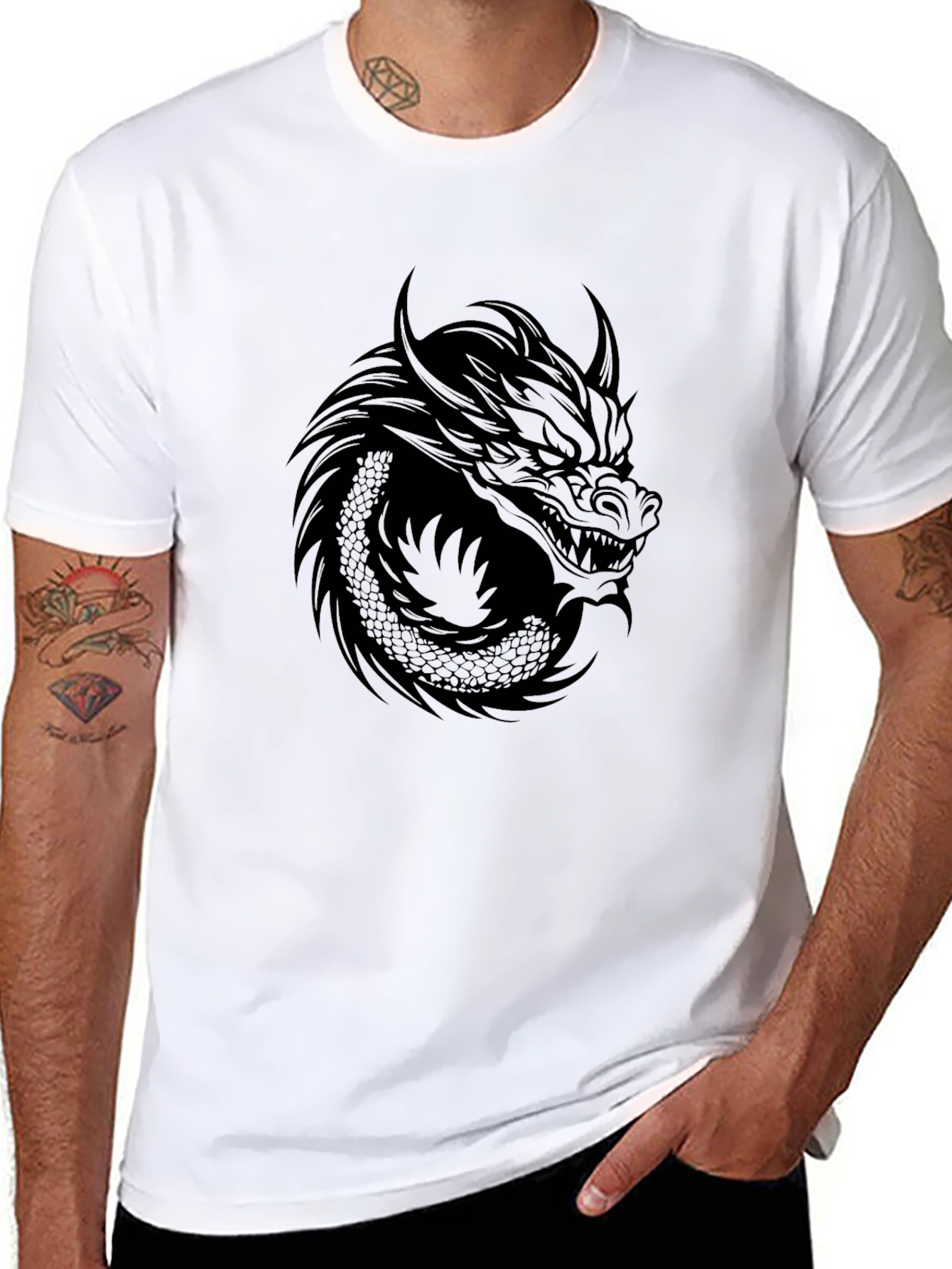 Black Men's Black Dragon Graphic Tee - Stylish Crew Neck T-Shirt view 8
