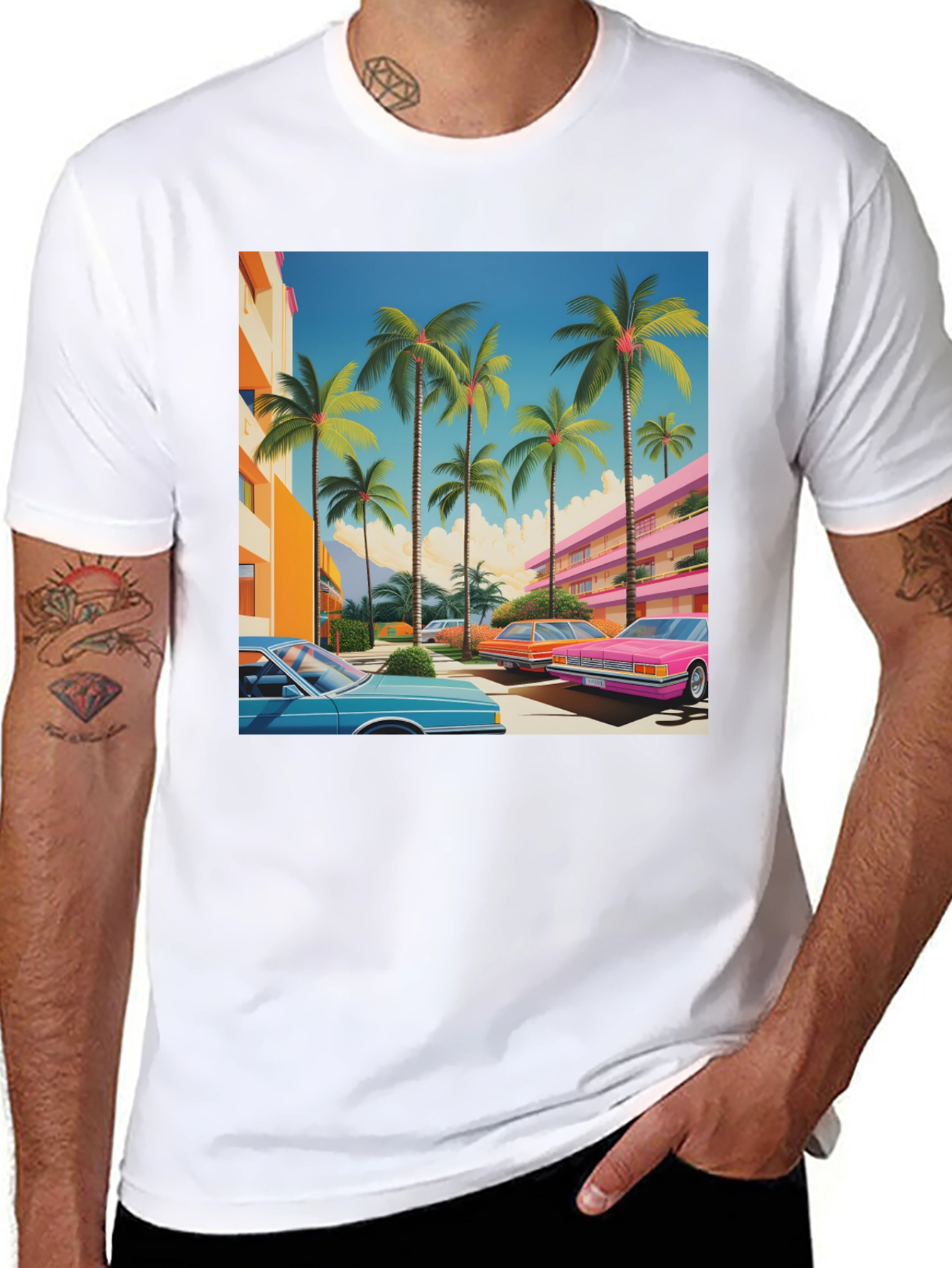 Black Retro Miami Palm Tree Cars T-Shirt view 8
