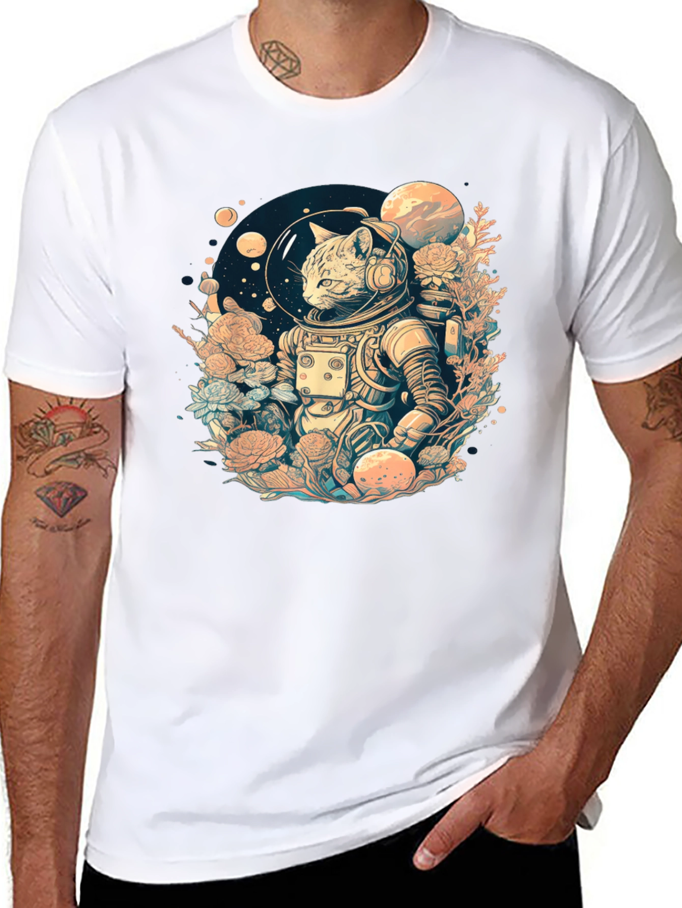Black Cosmic Cat Astronaut Graphic Tee view 8