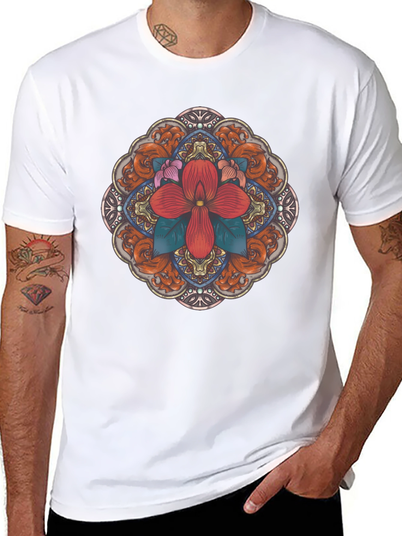 Black Floral Mandala Black T-Shirt view 8