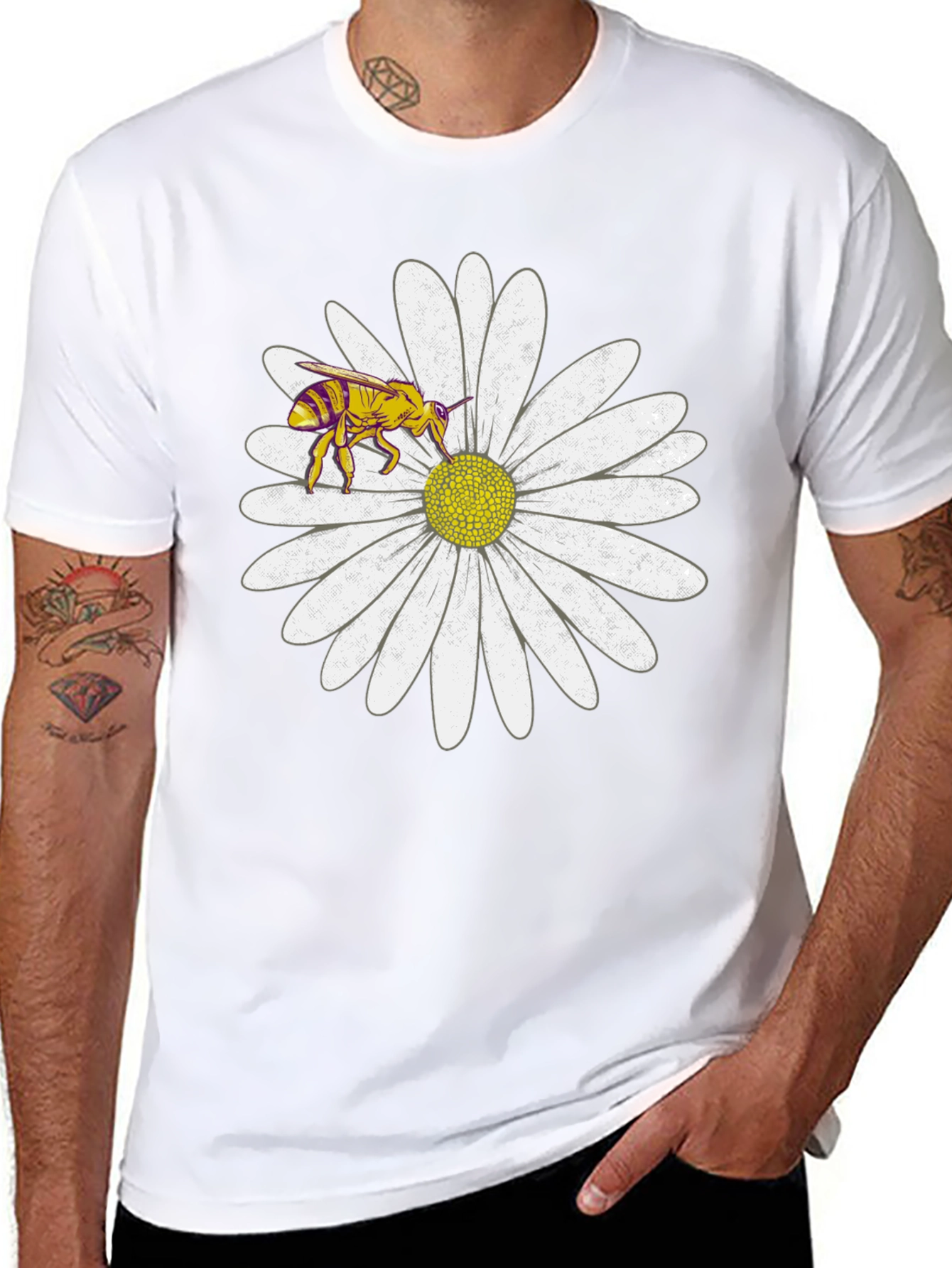 Black Bee on Daisy Graphic Tee - Black Cotton T-Shirt view 8
