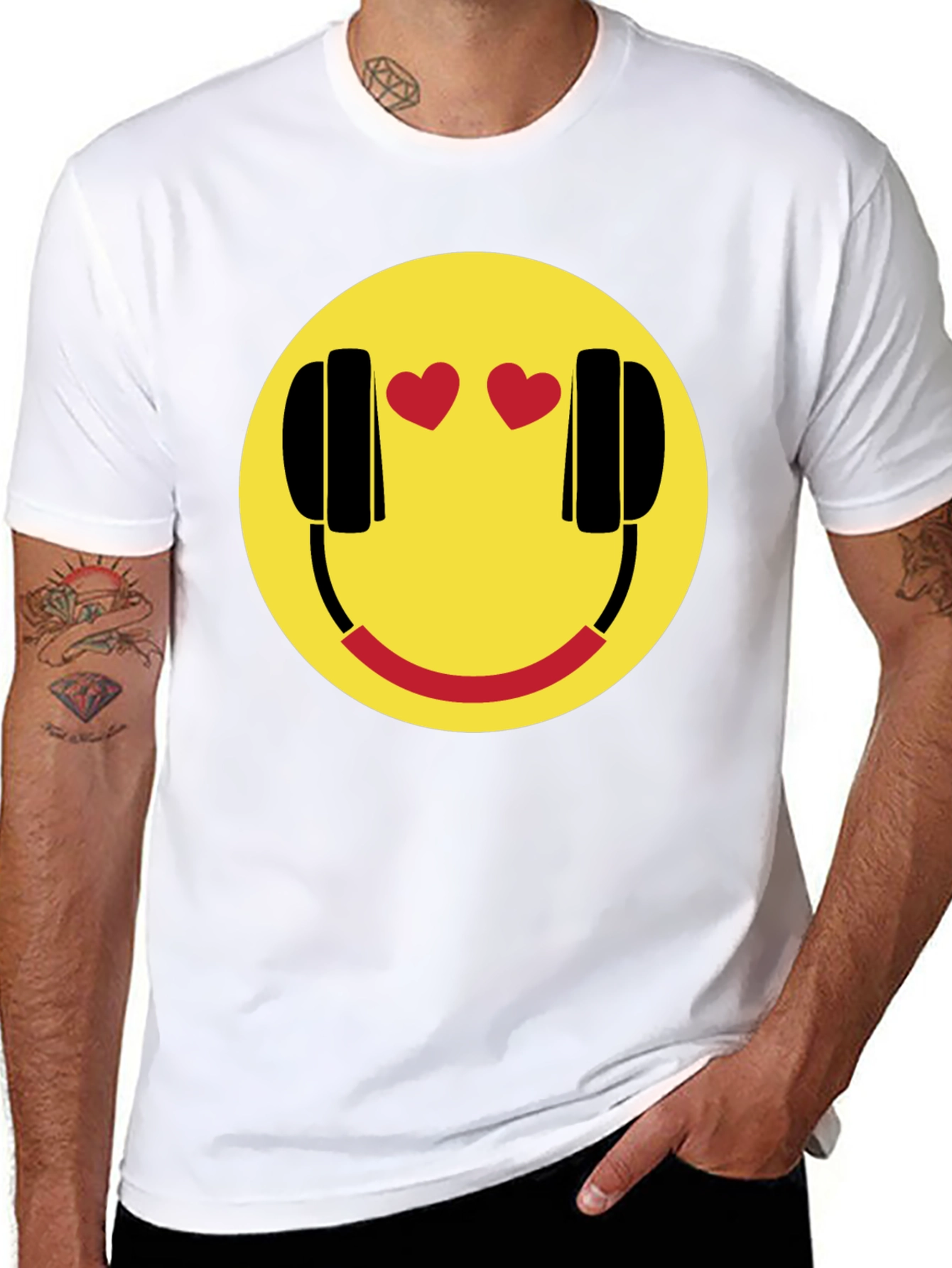 Black Smiley Face with Headphone Hearts T-Shirt view 8