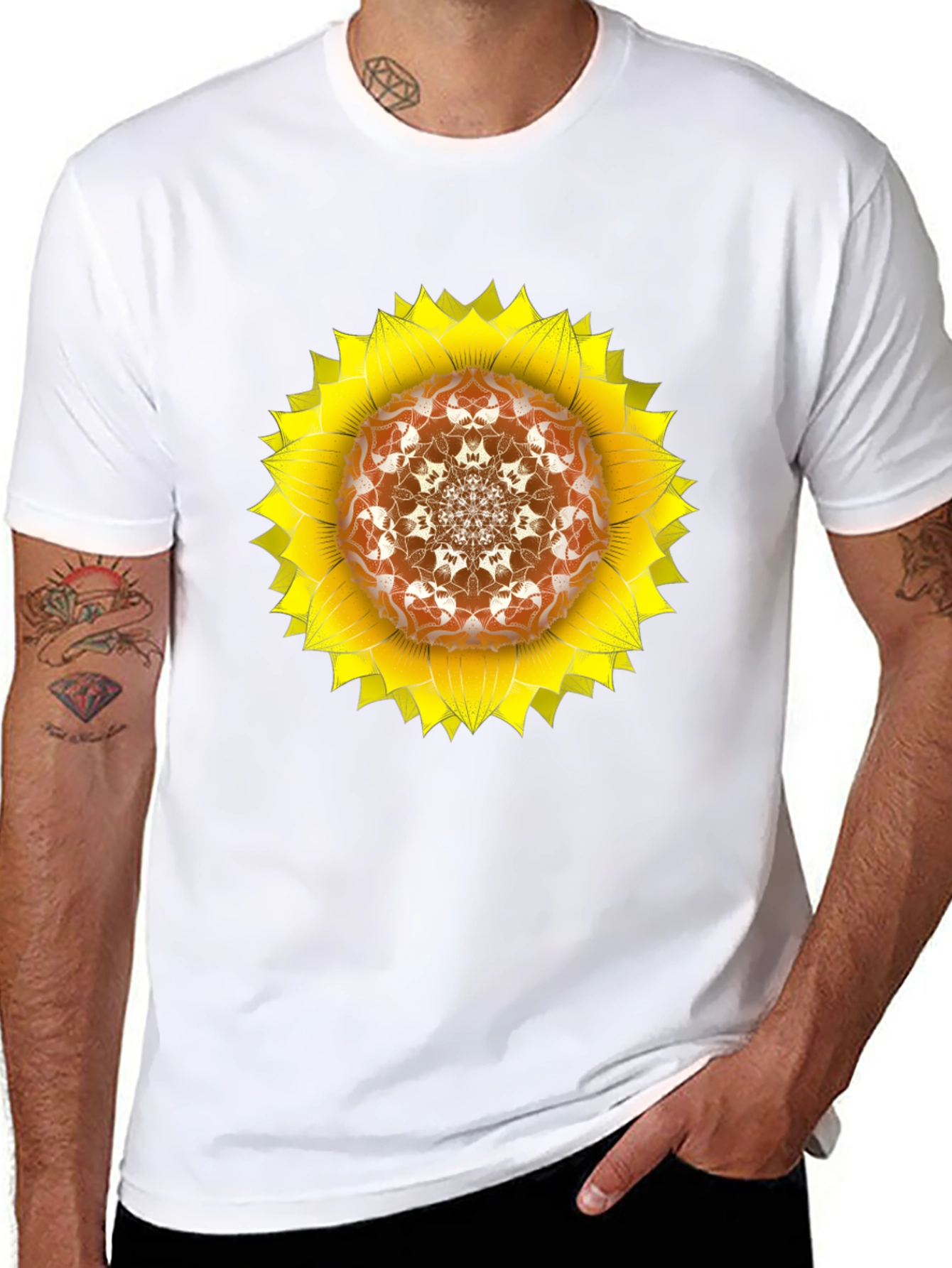 Black Sunflower Mandala Black T-Shirt view 8