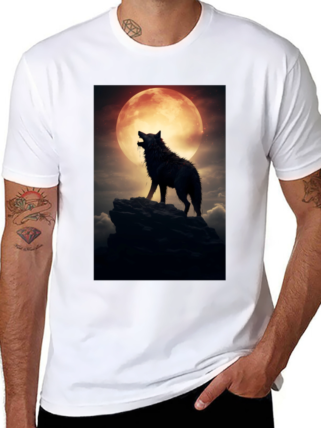 Black Wolf Howling at Moon Graphic Tee view 8
