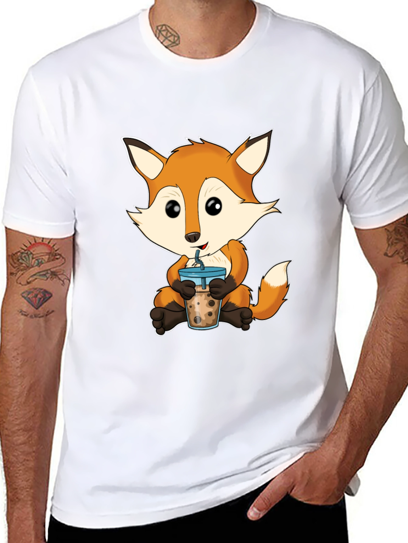 Black Cute Fox Boba Tea Graphic T-Shirt view 8